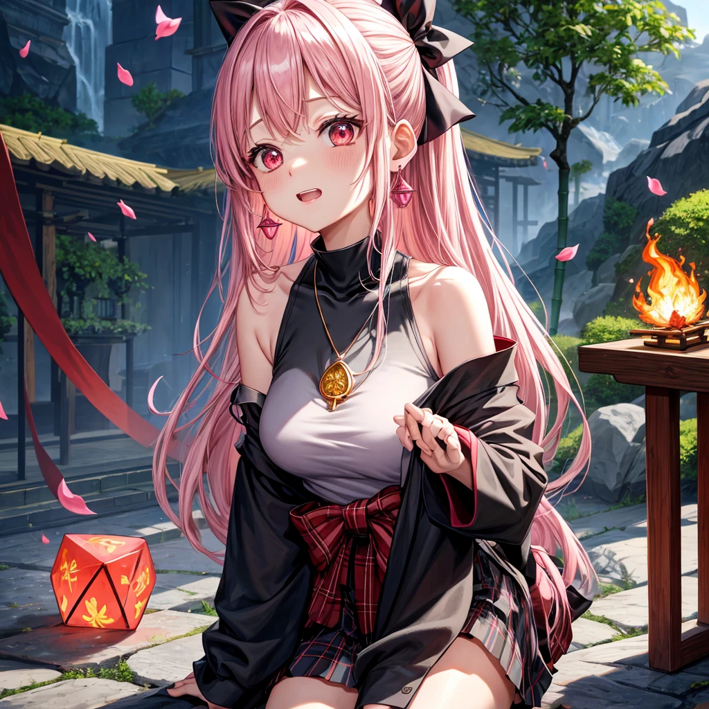 pink black blonde、red eyes、one good looking girl、solo、anime、plaid mini skirt、black camisole、black t-shirt、kimono、wearing a ribbon、ribbon at waist、stone slabs are piled up、crystal earrings、jewelry necklace、Light and shadow、walking、clock、universe、vine plant、petal、tilting one's face、teeth are visible、fire spirit、book of magic、Cube、bamboo forest、lava、Plum blossom、squatting down