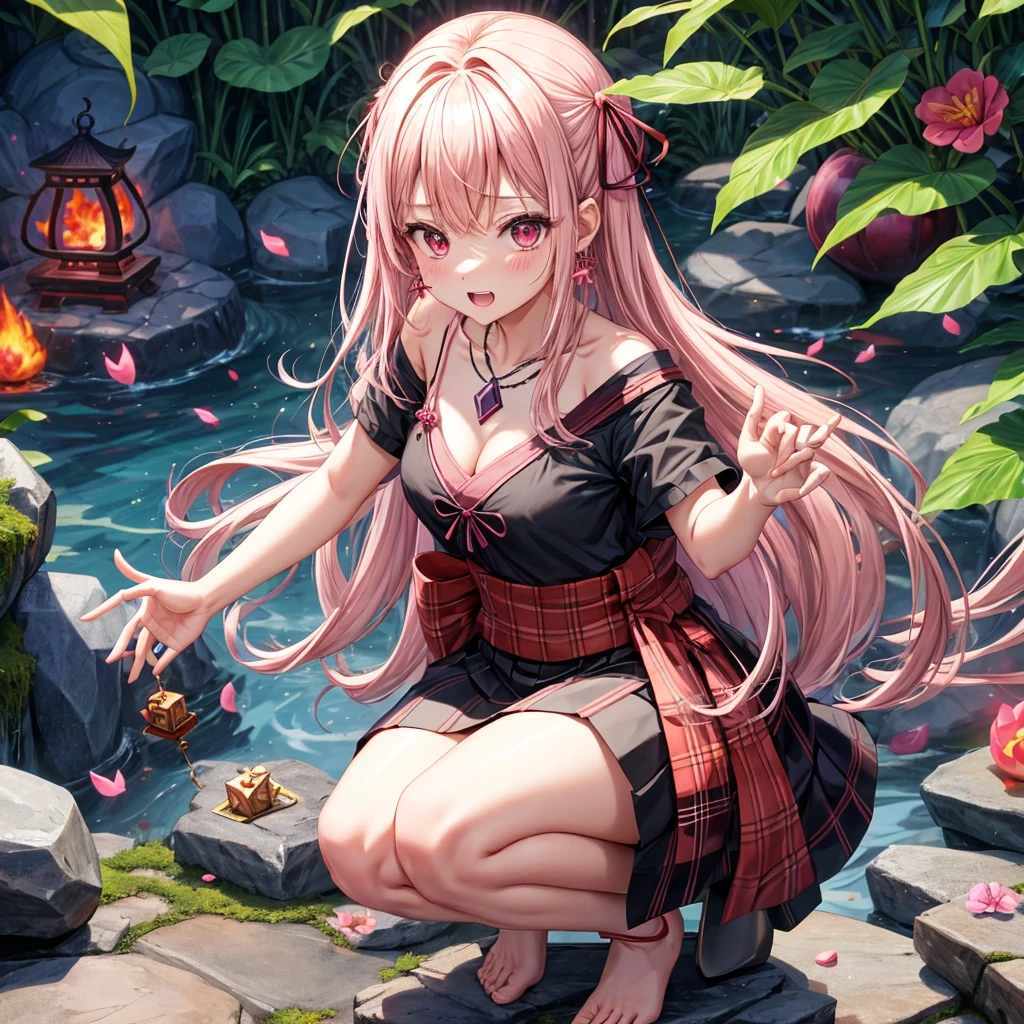 1 girl（masterpiece，top quality，best quality，official art，Beauty and aesthetics：1.2），blonde hair，green eyes，long hair，big sister，tall figure，enchanted，enchanting，Flushed complexion， playful expression while Blushing, super gigantic breasts，Breasts larger than the head, kimono, clogs，Off the shoulders, cleavage，Sitting on the stone steps by the water of a hot spring, thigh exposed.