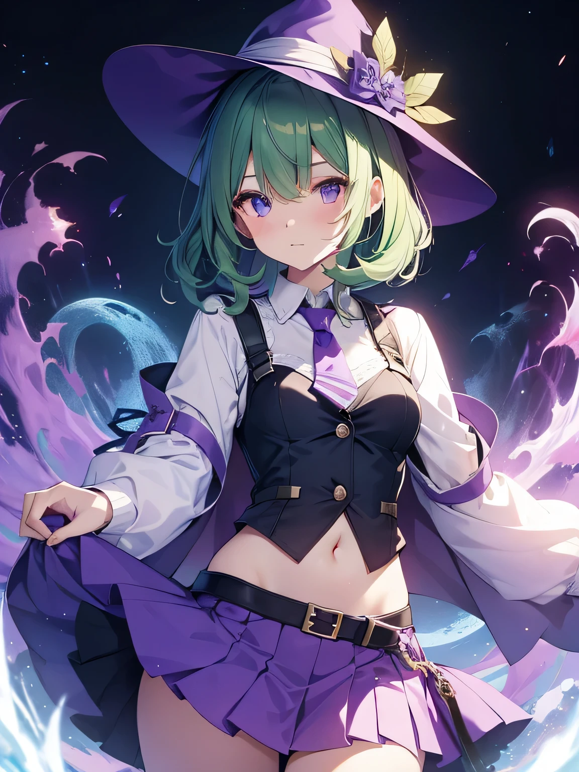 highest quality、very delicate and beautiful、(teenage girl)、purple eyes、beautiful eyes、green hair、short haired、(Purple Witch Hat)、purple tie、I、short sleeve、purple skirt、tactical vest,purple wizard&#39;s robe、belly button、standing、facing the front