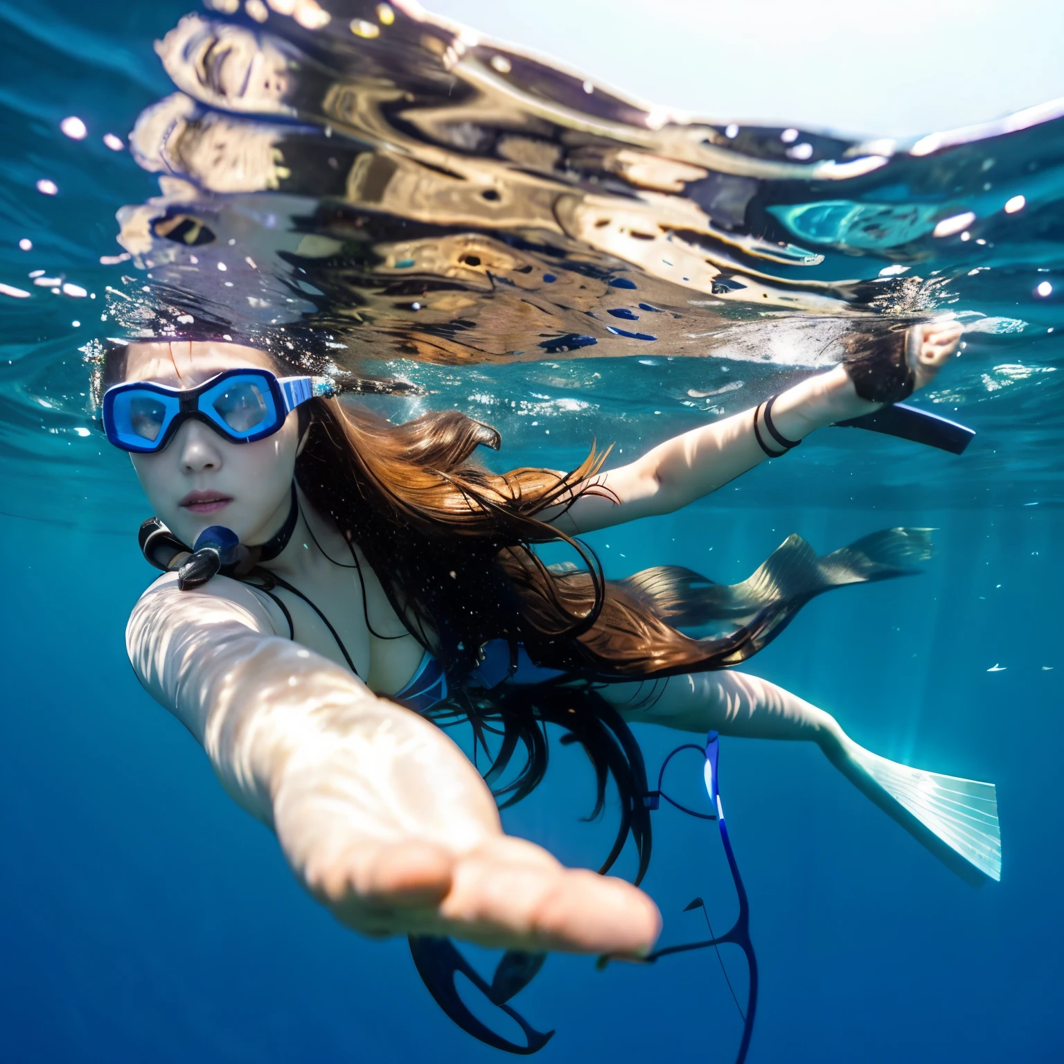 A woman with long permed hair is snorkeling in the sea、Catching fish with a harpoon , seen from the side, sea background、Aiming at a sideways flounder with a harpoon、Photo of