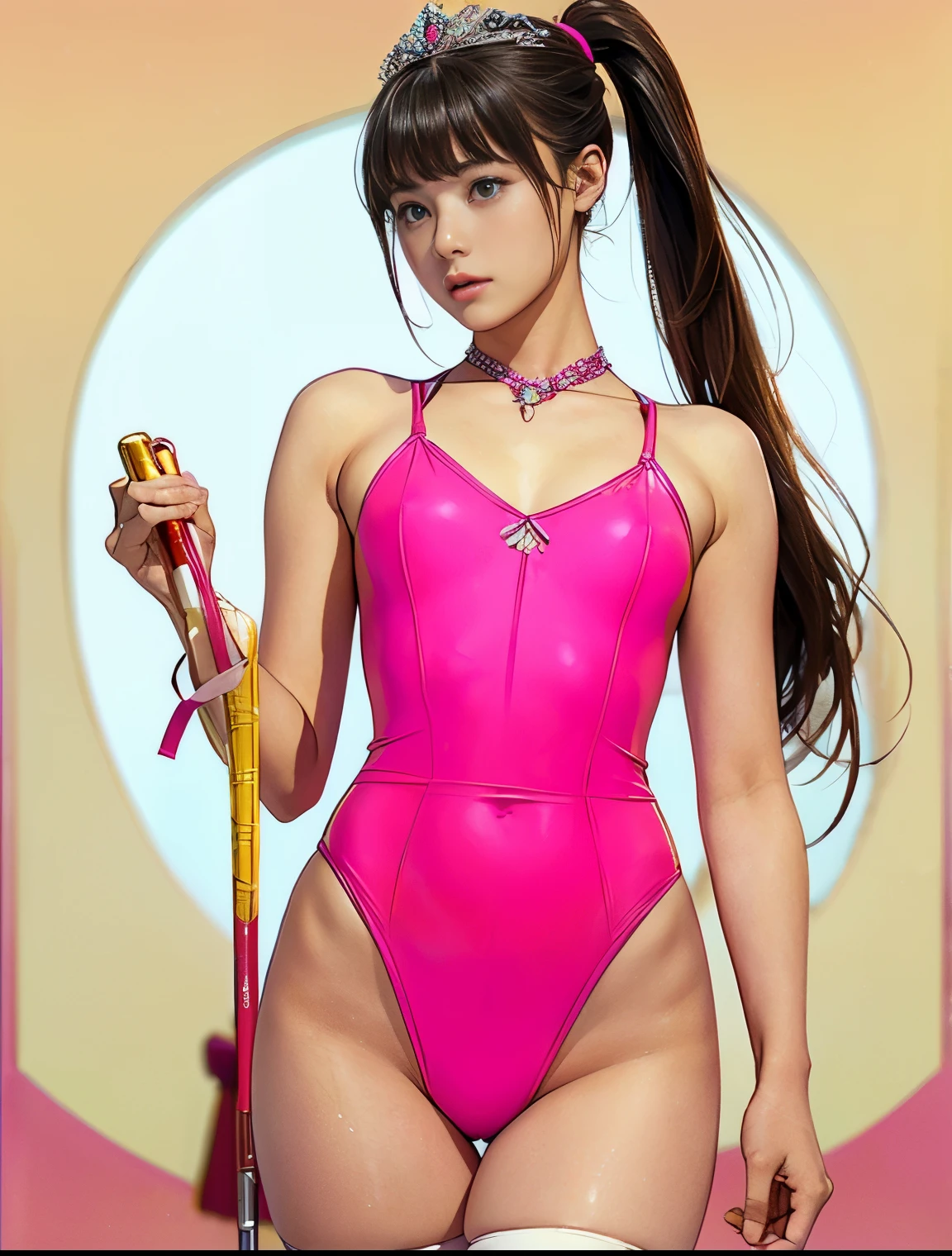 whole body、((beautiful girl、Cute type))、((Beautiful 14 year old girl))、 ((leotardsbeautiful girl：1.5))、((A beautiful girl wearing a three-coloRed leotard: Red, green, and white.))、((shouted in surprise))、((please open your eyes：1.5))、((from below：1.5))、Ultra-fine painting、((両脚を左右に開いてstand：1.8))、((Beautiful 14 year old girl))、((beautiful girl wearing a tiara))、((((baton twirl))))、((huge ))、open mouth、(Live shooting)、(masterpiece:1.4)、(best quality:1.4)、((stand))、((long hair ponytail))、((Have bangs：1.4))、((thin thighs：1.5))、Beautiful girl with a fuchsia Reddish choker around her neck、Delicate skin、Thigh clearance、((City))、[:(Face:1.2):0.2]、clavicle、((Hasselblad photos))、(((camel toe)))