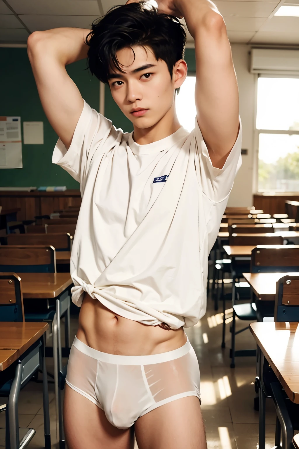SFW, Very bushy hairy armpits, hairy public, hairy crotch, See through white shirt, Super Realistic photography, PROUDLY SHOWING OFF HIS BODY, white uniform shirt, UNIFORM, Cute teeb student Wearing uniform shirt, NO PANTS, CLOSED UP DETAILED, y student, wearing soaked unbutton white shirt, ABS EXPOSED, Very wet body, very wet, crowded classroom, wearing socks, pantless just wearing soaked white micro undhowing off his very hairy armpits, Slim fit body, teenager,te boy face, 17 years old boy,teenager boy, Amazing classrory, in the middle of Crowded classroom, dickprint, Sweat dripping all over the body, Proudly showing off his sweaty very hairy armpits to student in the classroom, The colors are bright and vibrant, enhancing the overall aesthetic. The lighting is soft and natural, casting a soft glow on the boy, don't merge body's, detailed eyes and lips, sixpack and fit body. Image quality is of the highest standard, with ultra-detailed features and a realistic appearance.