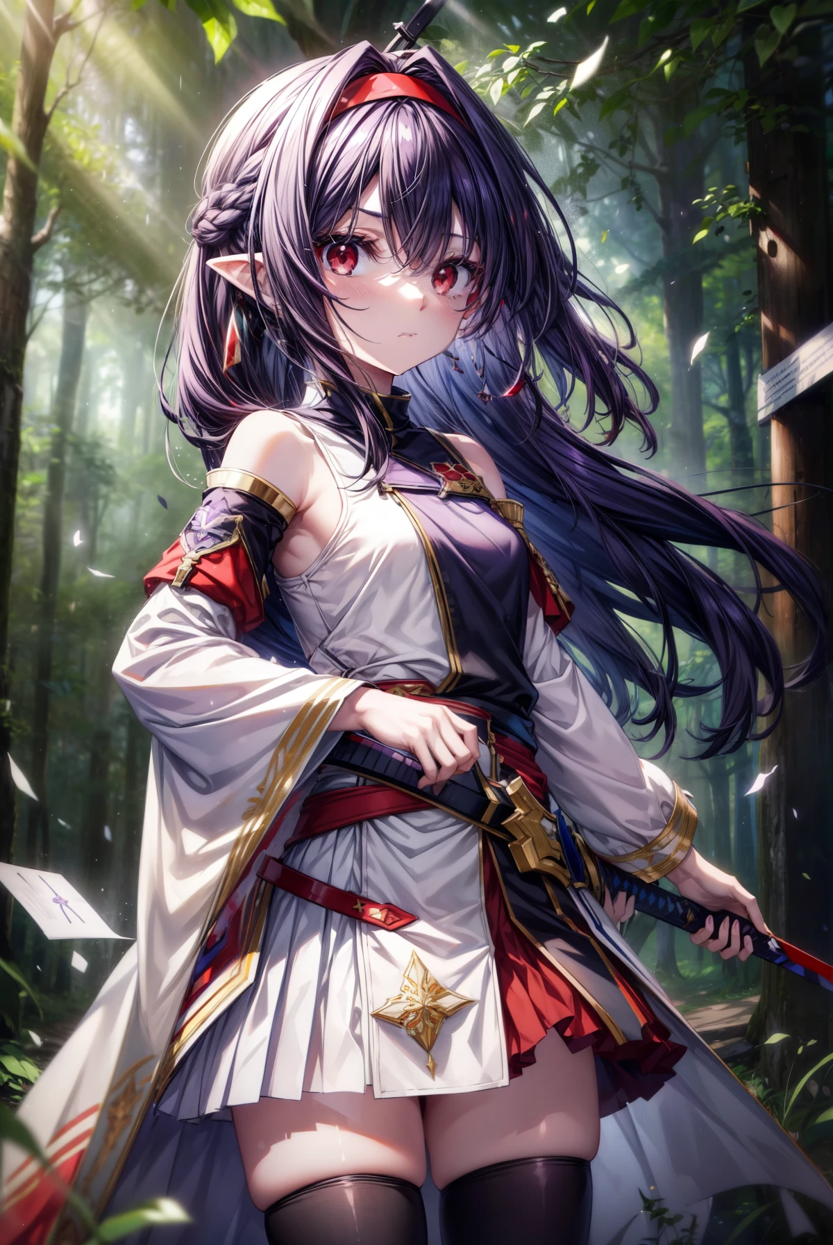 yuukikonno, Yuki Konno, hair band, long hair, pointy ears, purple hair, (red eyes:1.5), (small breasts:1.2), serious face,Grip the hilt of the sword with your left hand,
break white Thighhighs, removed sleeve, Thighhighs, dress, white dress, armor breastplate, purple armor,
break looking at viewer, Upper body, whole body,
break outdoors, forest, nature,
break (masterpiece:1.2), highest quality, High resolution, unity 8k wallpaper, (shape:0.8), (fine and beautiful eyes:1.6), highly detailed face, perfect lighting, Very detailed CG, (perfect hands, perfect anatomy),