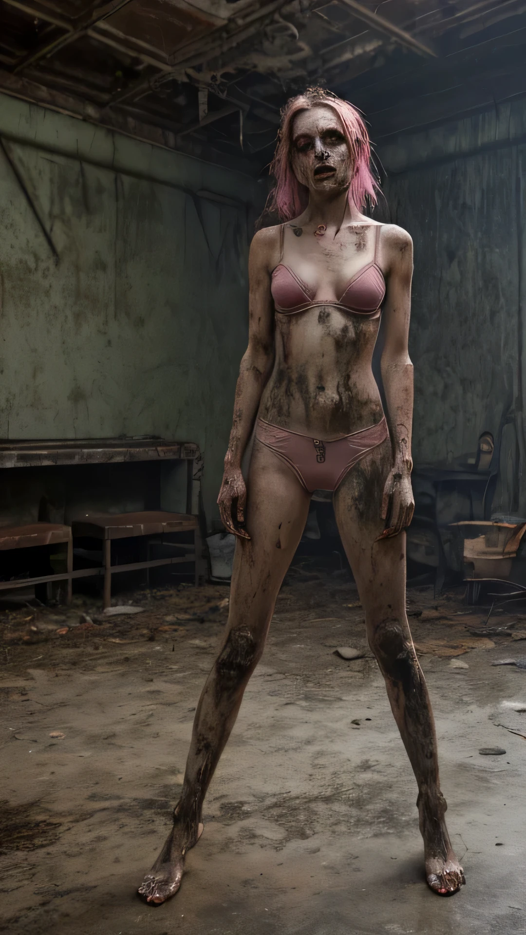 figure dressed in underwear, the picture shows one wearing patina rusty used soiled kinky pink panties, wearing patina rusty used soiled kinky pink bra or brassiere, thin gypsy woman with a zombie-like appearance, Under heavy drugs, Serious mental illness written on her face, prominent veins on her neck legs and hands, Sad, Sprayed with man's sperm on body, Post-apocalyptic world, Only one woman in the picture, Ugly environment, Ugly scenery, Abandoned well-equipped operating theater circa 1920, Ruined room, Woman looking at camera, Woman in center of picture, Realistic, Spread legs, bare feet, woman is dressed, covered breasts, the woman is wearing a bra, bra on bobs
