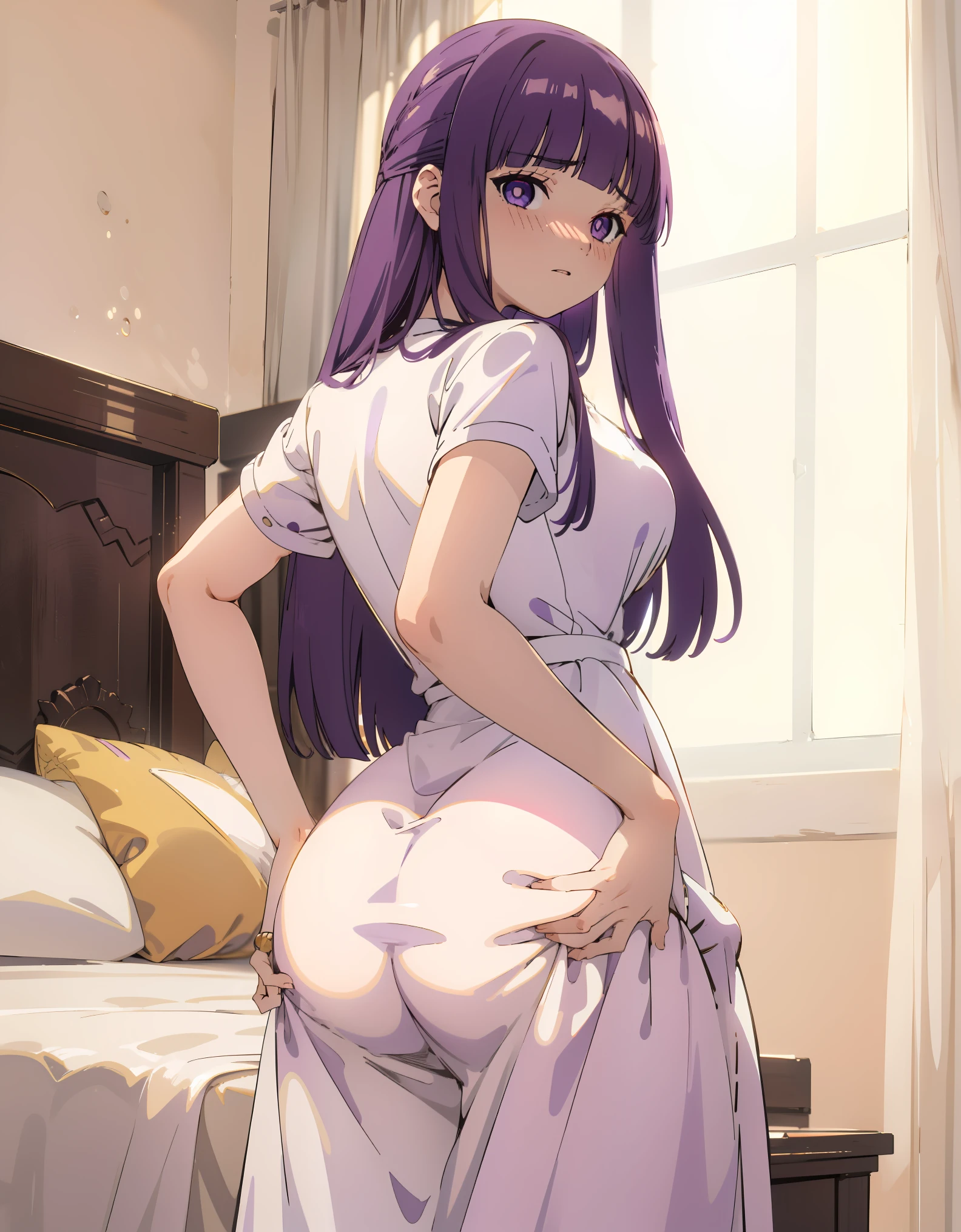 (Best Quality, Masterpiece),sexy, erotic, 1girl, 18 years old, Contempt, pride, long purple hair, ((purple eyes)), looking at viewer, bed, bedroom, looking at viewer, warm light, angry, ((blushing)), (white dress), ((standing)), (thick thigs), ((grab own ass))