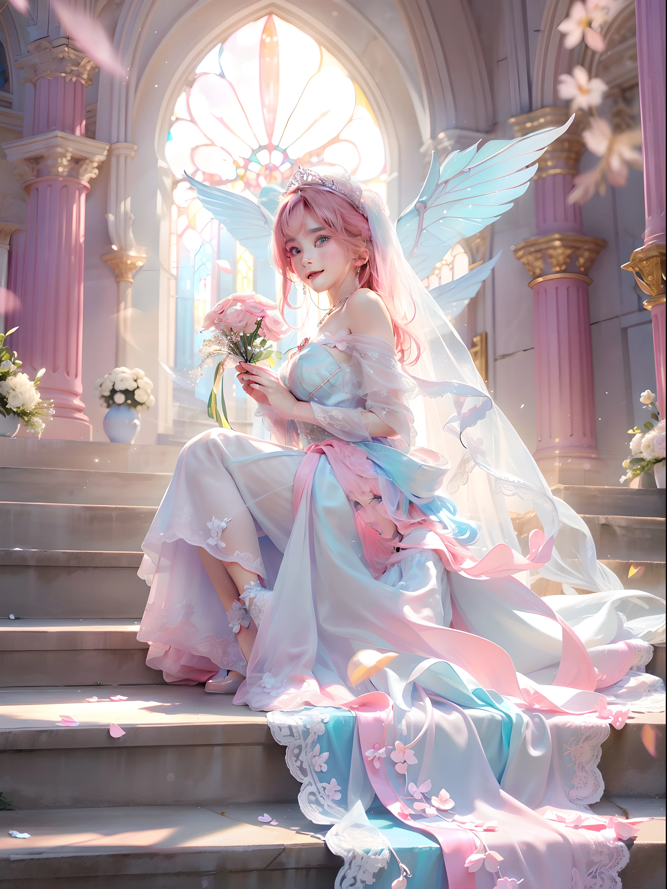 ((masterpiece)), (((best quality)))), ((Super details)), ((illustration)), fine details, Super exquisite CG unified 8k, high resolution, {beautiful details eyes}, fine details, beautiful details eyes, 阿宁的illustration, masterpiece, best quality, pretty face, shining eyes, headlight, look at the audience, 1 girl, Smile, Cheerful, happy, Beautifully decorated accessory necklace, Front view, (((slope, Pink, light blue)), Wearing a white off-the-shoulder wedding dress,Delicate lace and pearls embellished with floral shapes, Stand on the steps of the church, Light up white, radiant skin, Posing for photos, Light and wings descend from the sky , bright shades, The bride's veil is very long, Sparkling tiara, Double-sided bread, Pink Long Hair, Chis,white stockings