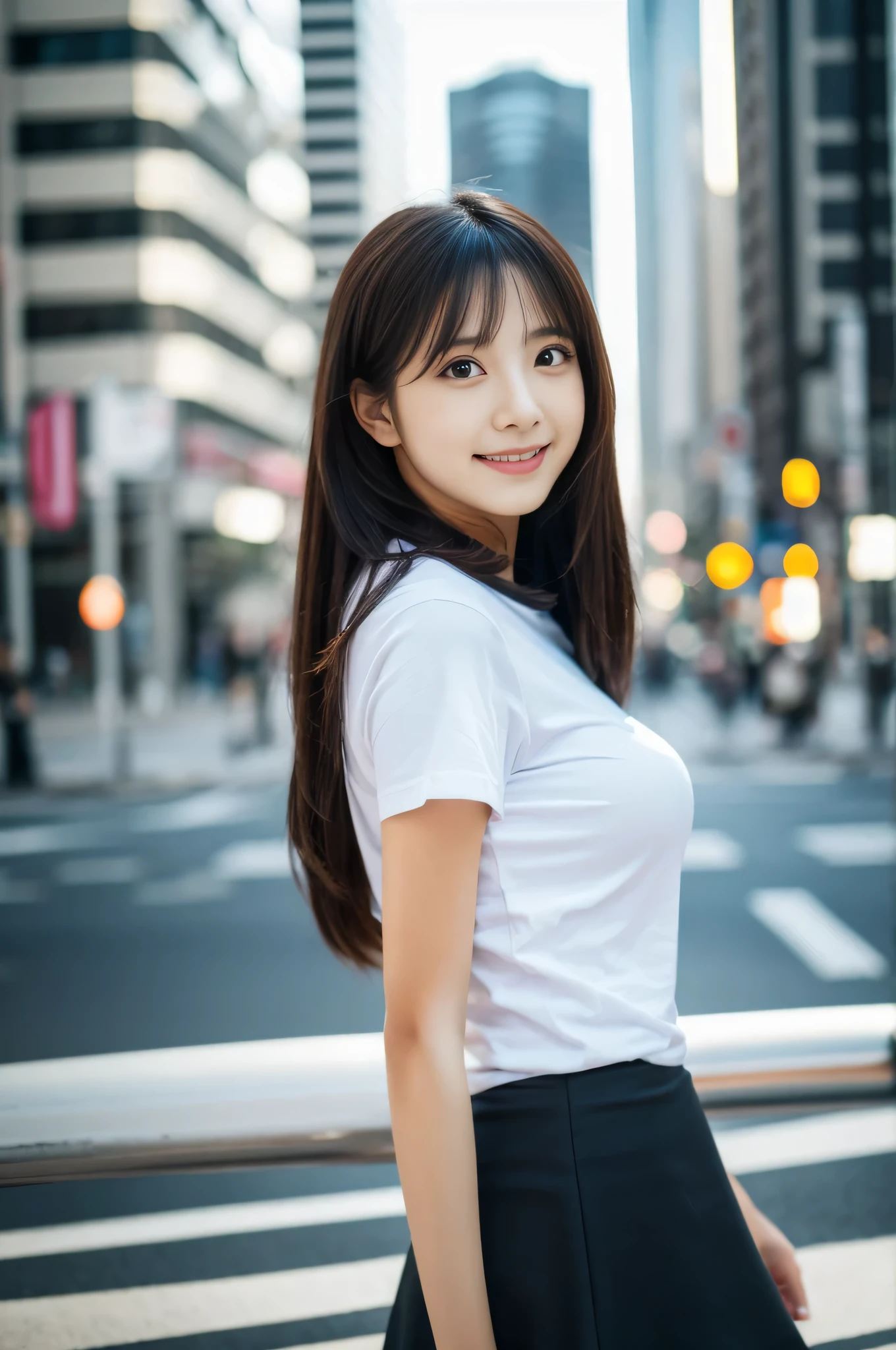 highest quality,masterpiece,32k,realistic,incredibly absurd,Depth of the bounds written、blur background、professional lighting,cinematic lighting,face focus,slim and smooth lines,きれいなDay本人女性の写真,25 year old girl,Are standing,cityscape,Wind,Day,nice weather,long hair,black hair,T-shirt,mini skirt,smile,