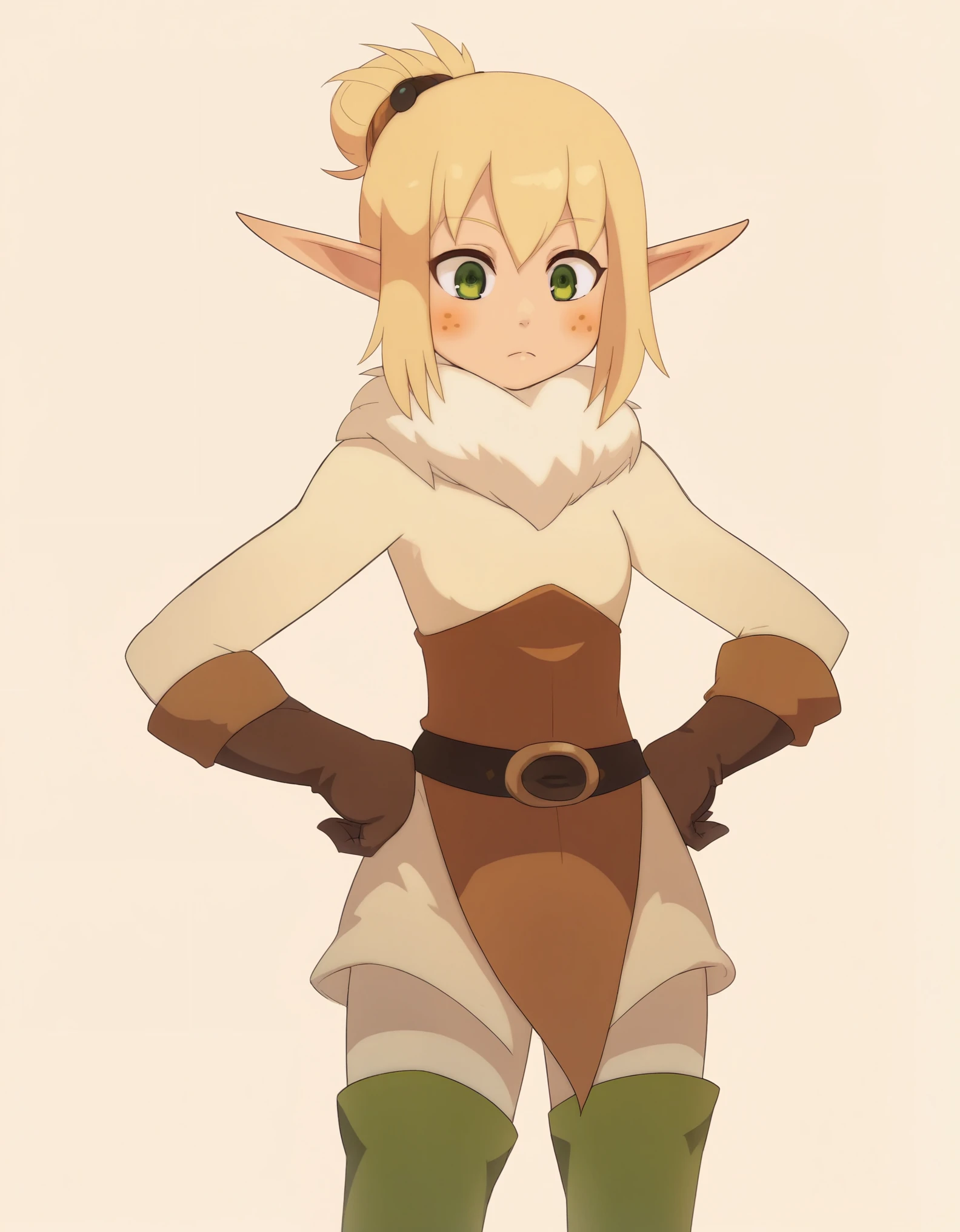 score_9, score_8_up, score_7_up, score_6_up, solo, BREAK, source_cartoon, source_anime,  1girl, evangelyneyoung, blonde hair, hair ornament, green eyes, freckles, elf, fur cape, fur trim, belt, dress, gloves, thigh boots, thighhighs,
hands on hips, full body, standing, solo, looking at viewer, simple background, breast volume  