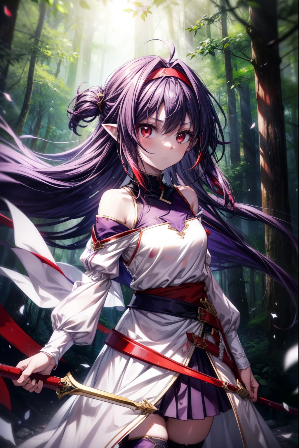 yuukikonno, Yuki Konno, hair band, long hair, pointy ears, purple hair, (red eyes:1.5), (small breasts:1.2), serious face,Grip the hilt of the sword with your left hand,
break white Thighhighs, removed sleeve, Thighhighs, dress, white dress, armor　breastplate, purple armor,
break looking at viewer, Upper body, whole body,
break outdoors, forest, nature,
break (masterpiece:1.2), highest quality, High resolution, unity 8k wallpaper, (shape:0.8), (fine and beautiful eyes:1.6), highly detailed face, perfect lighting, Very detailed CG, (perfect hands, perfect anatomy),