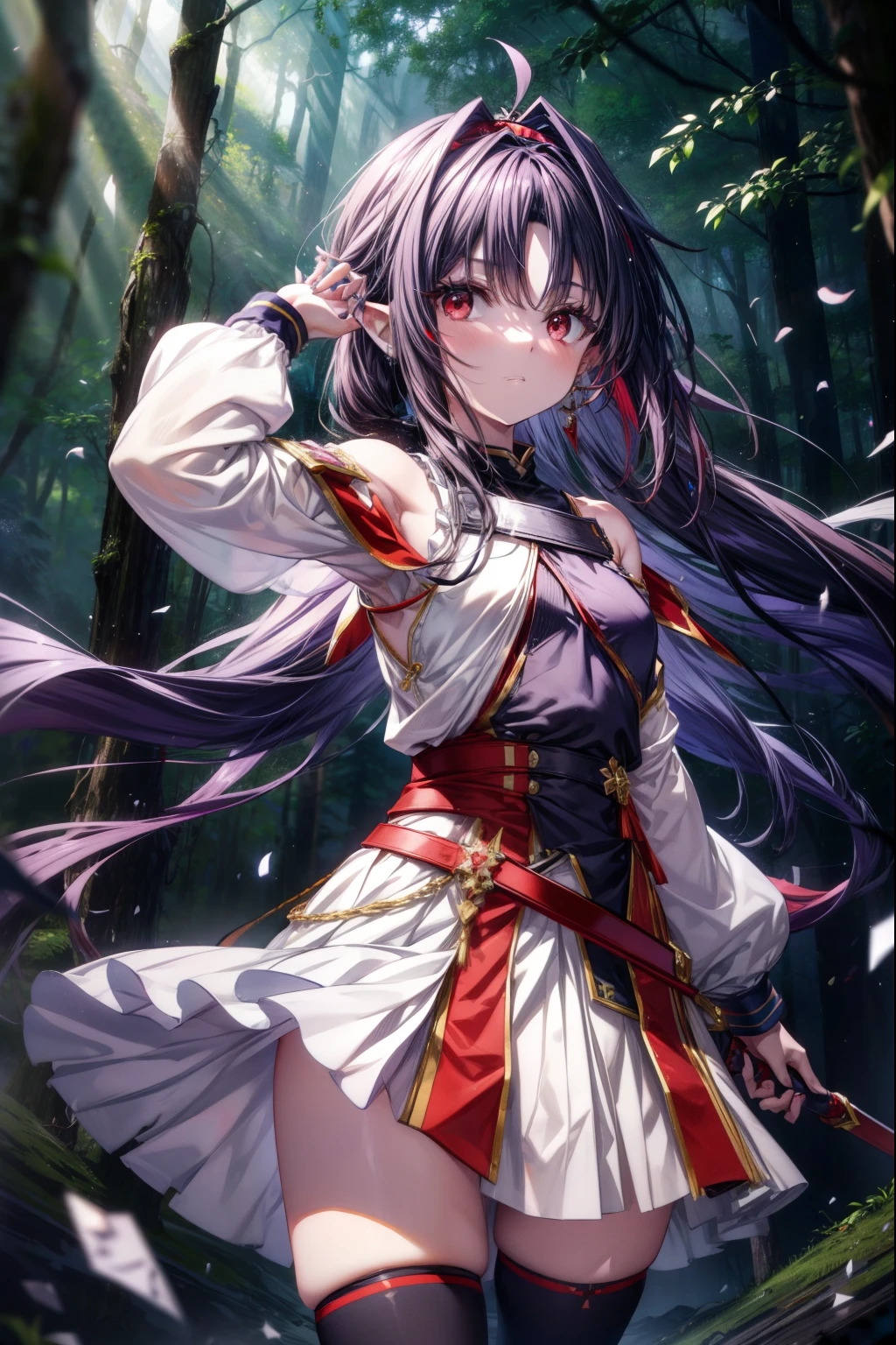 yuukikonno, Yuki Konno, hair band, long hair, pointy ears, purple hair, (red eyes:1.5), (small breasts:1.2), serious face,Grip the hilt of the sword with your left hand,
break white Thighhighs, removed sleeve, Thighhighs, dress, white dress, armor breastplate, purple armor,
break looking at viewer, Upper body, whole body,
break outdoors, forest, nature,
break (masterpiece:1.2), highest quality, High resolution, unity 8k wallpaper, (shape:0.8), (fine and beautiful eyes:1.6), highly detailed face, perfect lighting, Very detailed CG, (perfect hands, perfect anatomy),