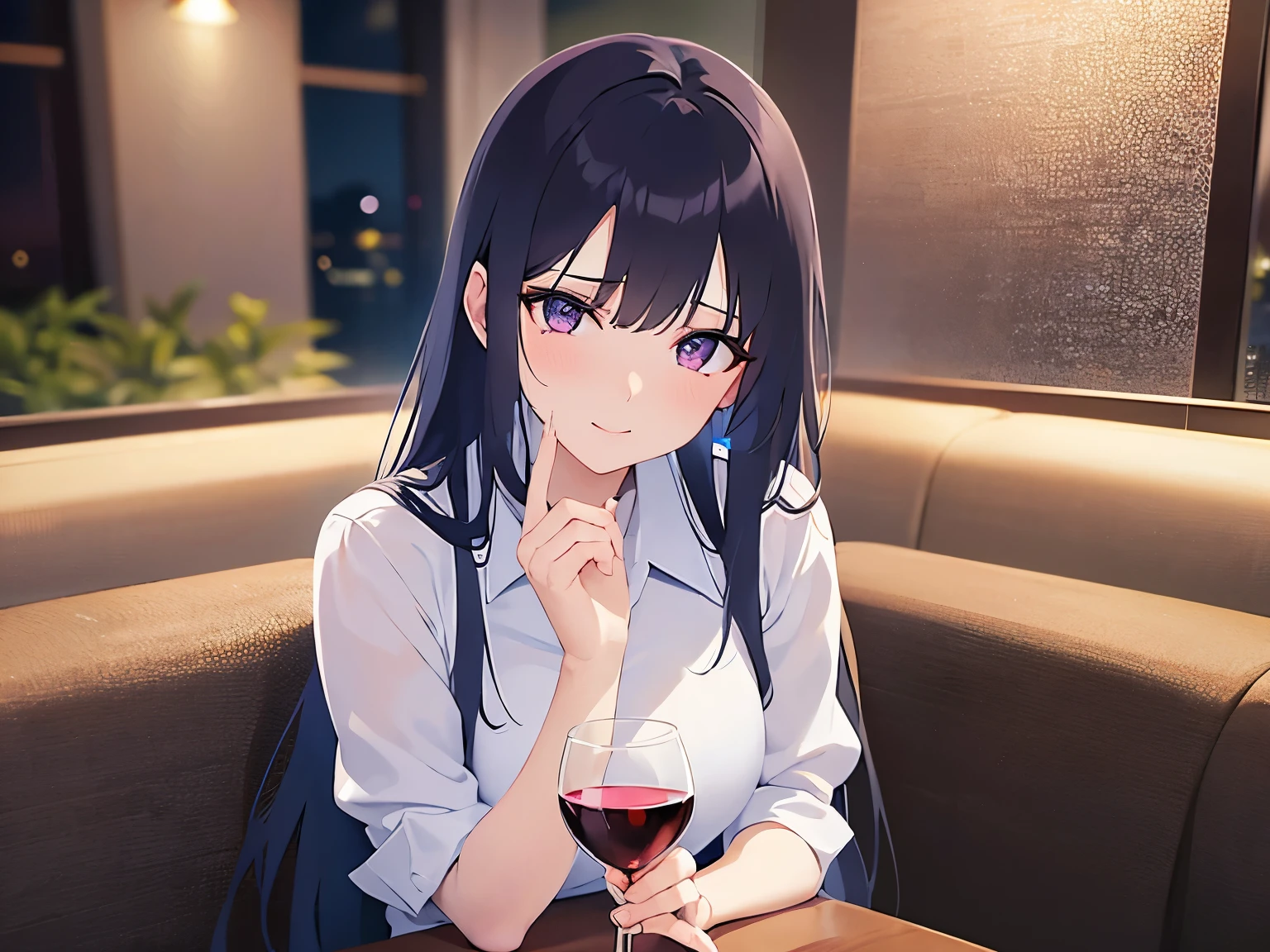 holding a wine glass, Realistic, real person, (pale skin: 1.2), RAW photo, photorealistic, portrait photography, shiny skin, japanese idol、shiny hair、(25 year old woman with straight medium hair with bangs) and (black hair) and (purple eyes) , Office Lady、wearing a white shirt、(embarrassed:1.2), smile, tears, The background is a restaurant at night、Alone、sitting、wine glass、food on a plate