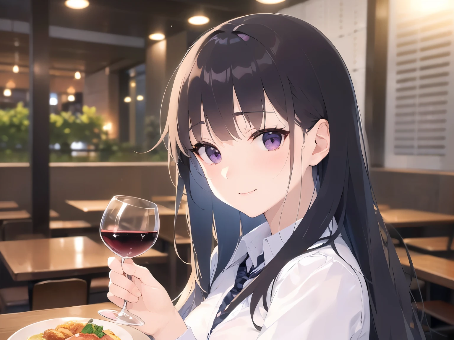 holding a wine glass, Realistic, real person, (pale skin: 1.2), RAW photo, photorealistic, portrait photography, shiny skin, japanese idol、shiny hair、(25 year old woman with straight medium hair with bangs) and (black hair) and (purple eyes) , Office Lady、wearing a white shirt、(embarrassed:1.2), smile, tears, The background is a restaurant at night、Alone、sitting、wine glass、food on a plate