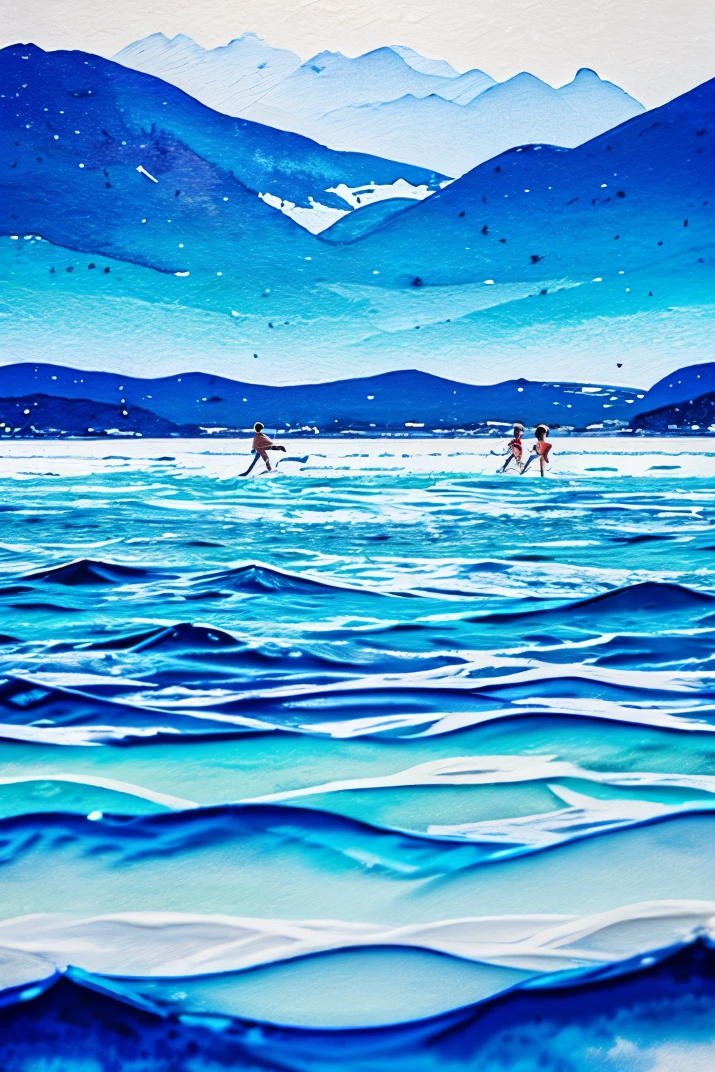 blurred picture style, wet-in-wet, watercolor style, best quality, 8k, only white and blue colors, people dancing on the sea surface