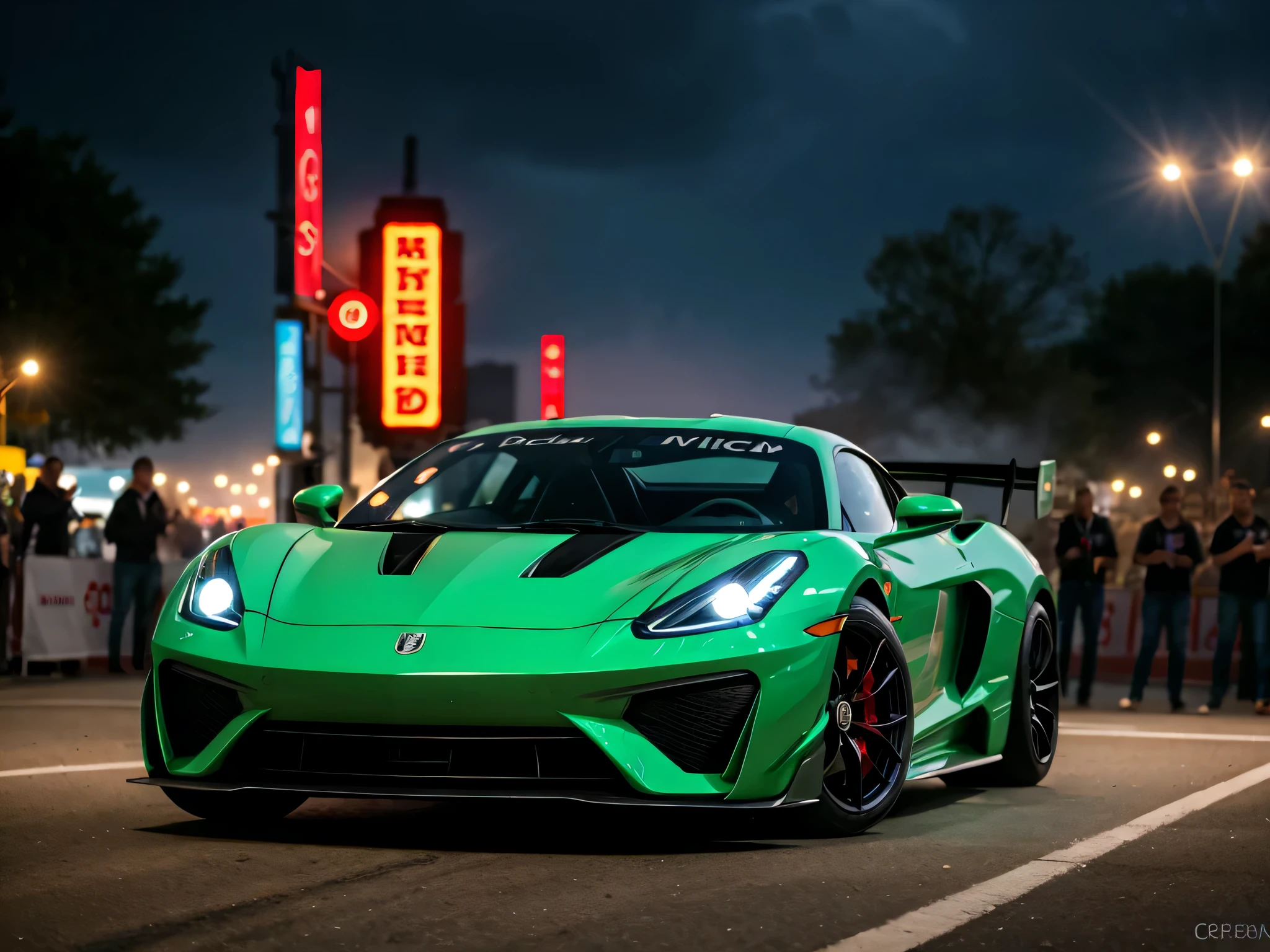 64K, UHD, super detail, best quality, best details, super realistic, photo realistic, backlighting, hyper realism, ccurate, bokeh, very far shot, 360 view, Ultra-Wide Angle, depth of field, reflection light, ray tracing, panorama, Wide-Angle, 360 view, Ultra-Wide Angle, wide shot, multiple views, 1girl, solo, an attractive girl with green eyes and red hair, seductive smile, dancing with one hand in hair and the other in the air, perfect hair, wearing a denim and white branded shirt under her black hoody, at underground race meet, lots of other racers and girls in the background, sports cars in background, she is dancing in front of showcase hyper car, posing arms in her hair, attractive girl, detailed eyes, sparkling eyes, eye reflection, cinema light, vivid colors, Ultra-Wide Angle, multiple views, UHD, textured skin, super detail, best quality, super realistic, backlighting, 64k, photo realistic, ccurate, 360 view, depth of field, reflection light, ray tracing, panorama, Wide-Angle, 360 view, Ultra-Wide Angle, wide shot, multiple views, highly detailed underground race meet, sports cars and lots of other racers and girls in the background, smoke in background from car spinning tires.