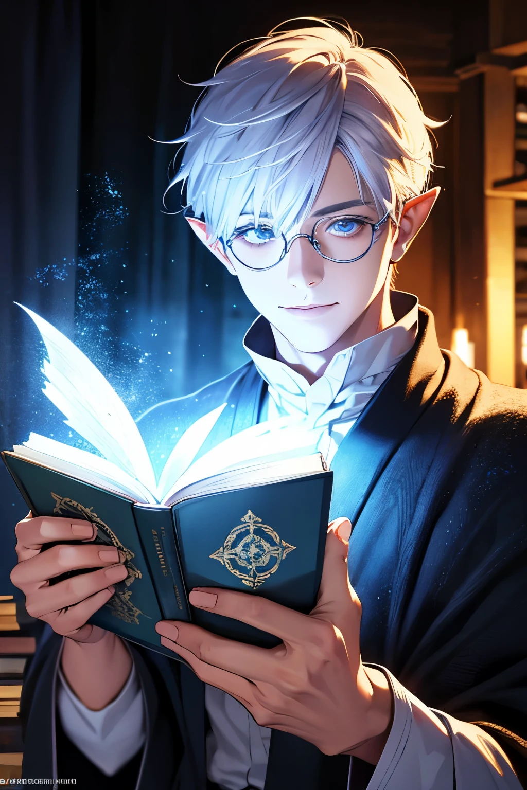 half elf, pointy ears, smile, gojo satoru, dressed in wizard robes, dnd character concept art, round glasses, holds a spellbook, library background, translucent icy magical aura around him, (best quality,4k,8k,highres,masterpiece:1.2), ultra-detailed, (realistic,photorealistic,photo-realistic:1.37), HDR, UHD, studio lighting, vivid colors, bokeh