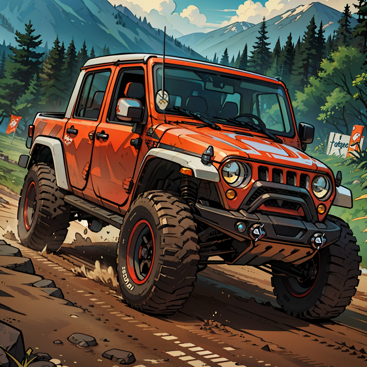 best quality,Comic style 1.5: An off-road racing jeep,Across a muddy track。The lines are rough。Logo style。thick lines,Vector。