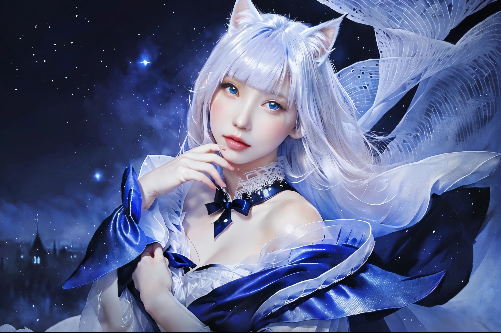 The background is a night city with a blue moon and a white cat.、mysterious beautiful woman、mysterious facial expression、looking at me、white dress、precise watercolor painting、abstract expression、fairy tale、 ((The face is realistic and beautiful)) ((highest quality)), ((high resolution 16k)), ((The background is realistic and beautiful.)), --automatic
