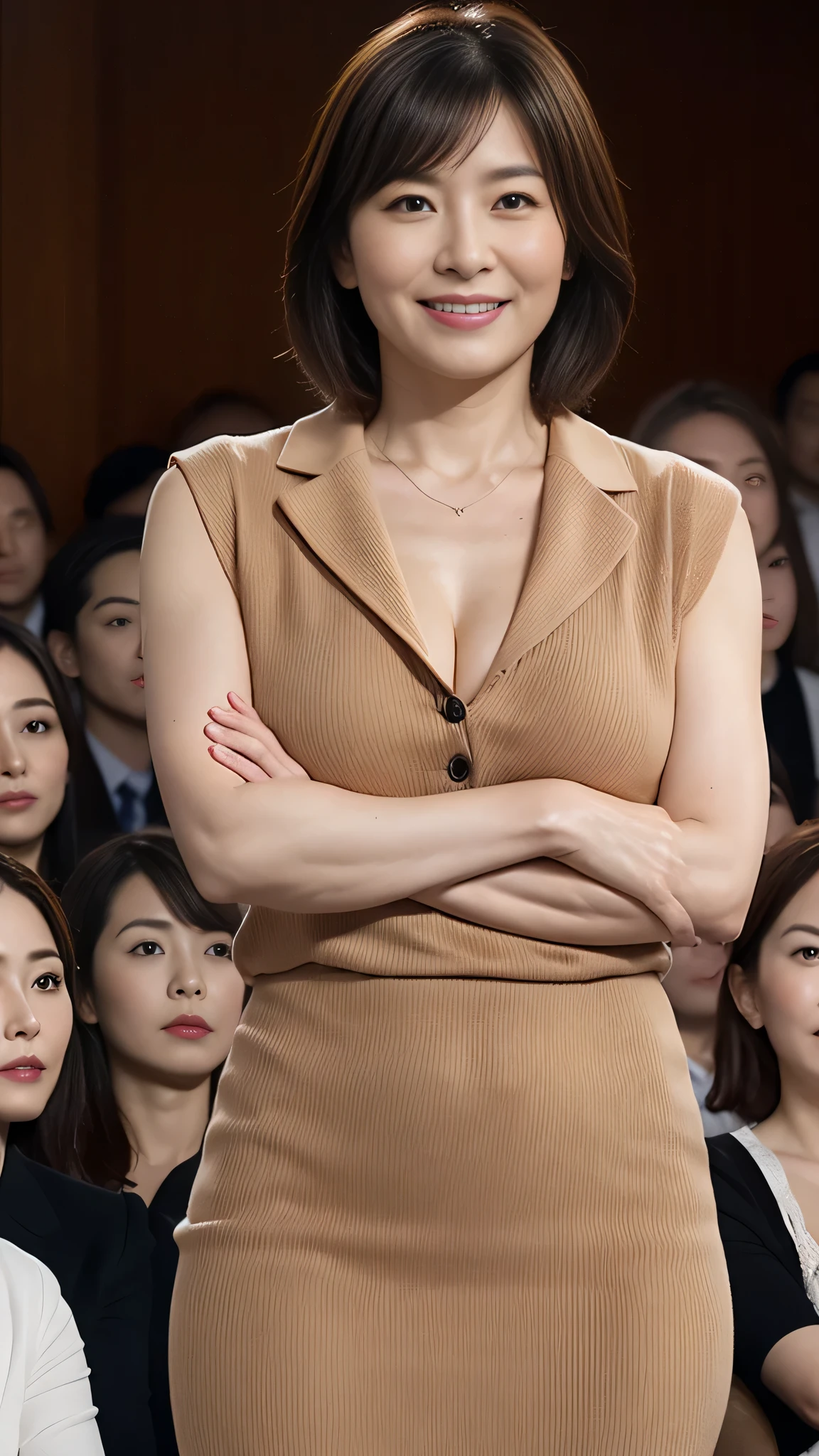 Masseter muscle part, highest quality, masterpiece, High resolution, Photoreal, Raw photo, 8k wallpaper, perfection, professional lighting, very detailed, Depth of written boundary,((japanese mature)), (60 years old:1.2),Chubby body type, women sexy, detailed face, beautiful eyes, bangs, big and full breasts, very short hair, ((stand facing the center of the screen, look at the audience, serious face)),business wear, whole body above the knees,looking at the viewer,cleavage,smile、shot from behind