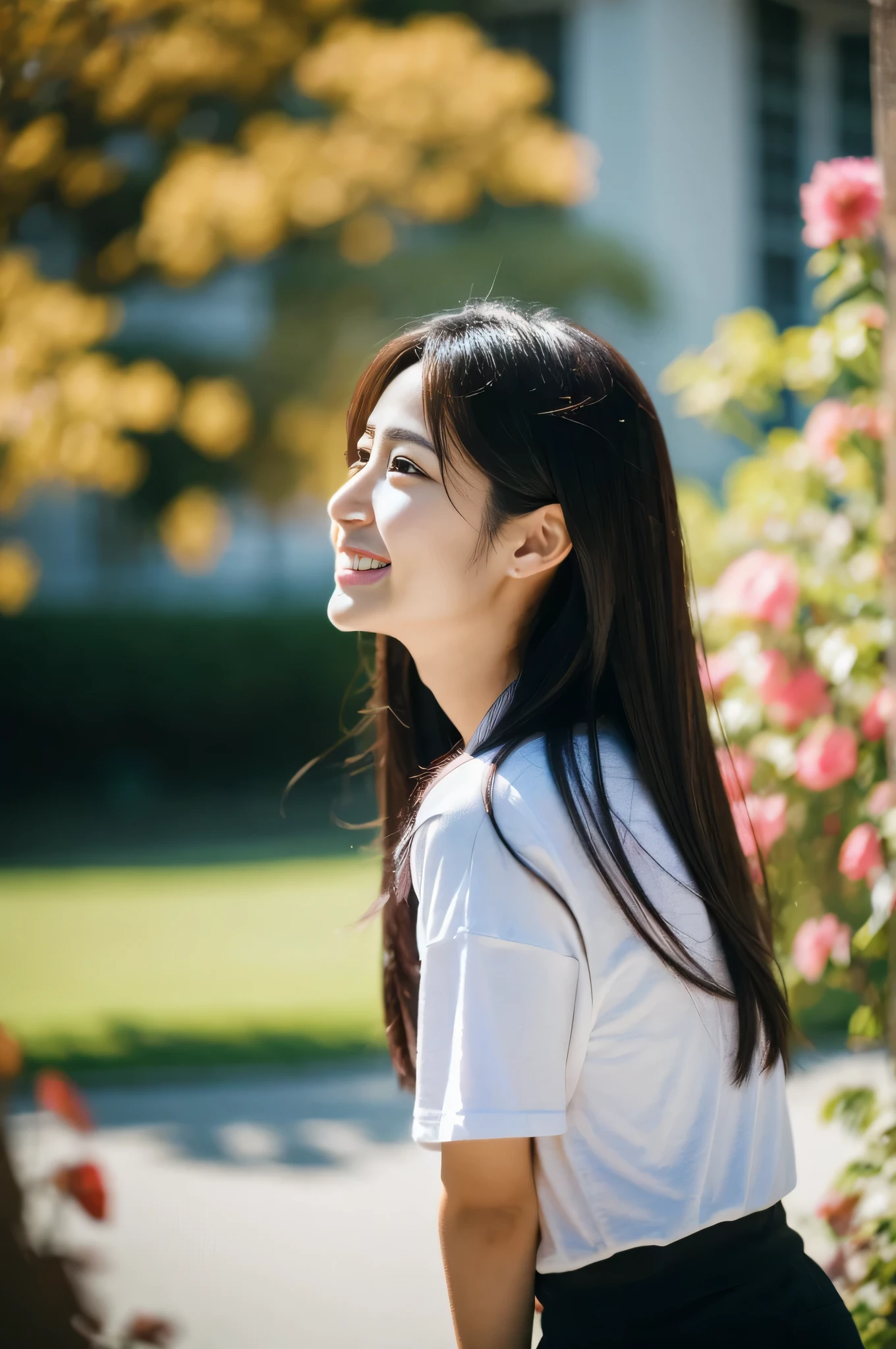 highest quality,masterpiece,32k,realistic,incredibly absurd,Depth of the bounds written、blur background、professional lighting,cinematic lighting,profile,slim and smooth lines,きれいなDay本人女性の写真,25 year old girl,Are standing,flower,Wind,Day,nice weather,long hair,black hair,T-shirt,cargo pants,smile,