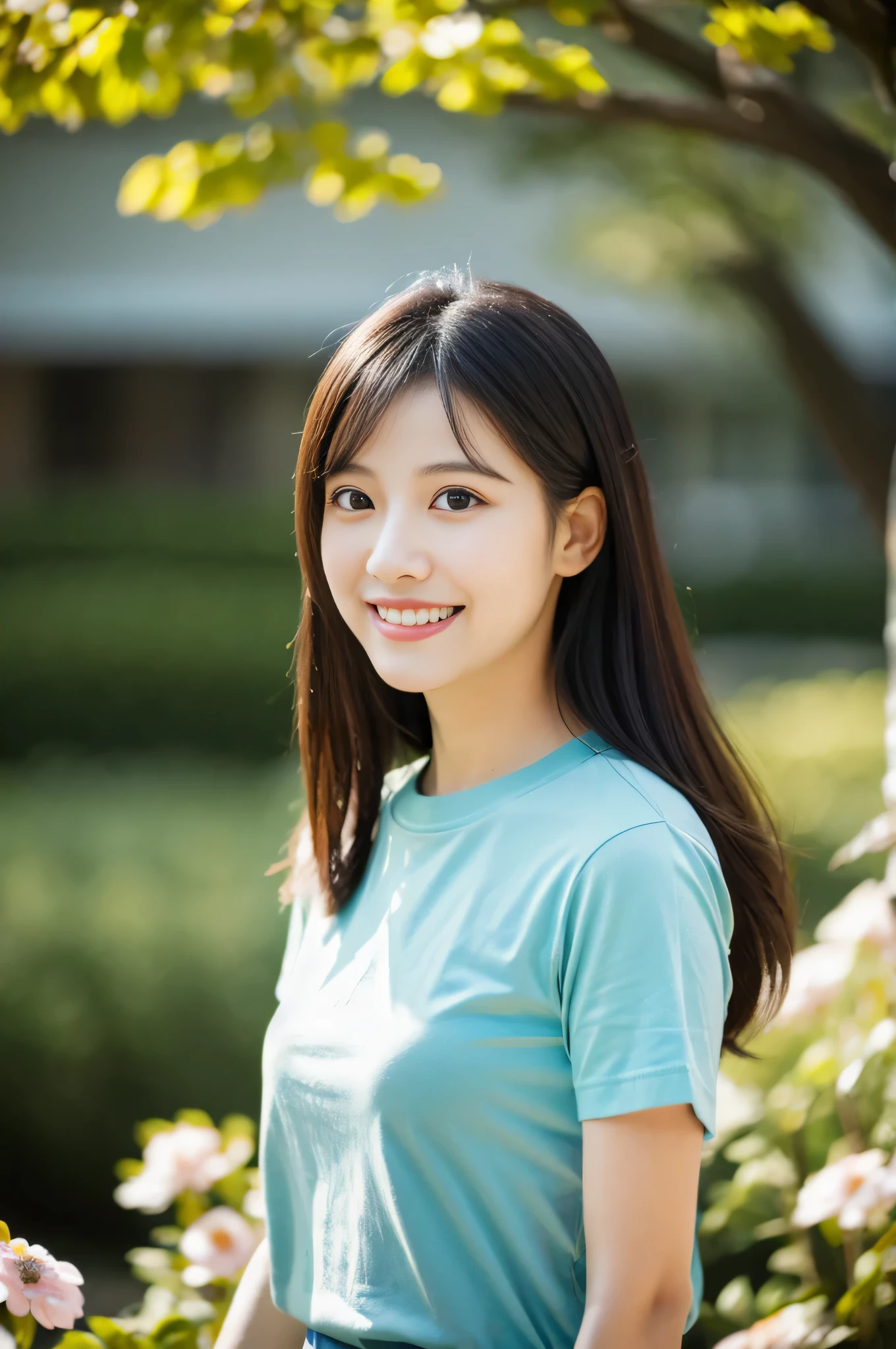 highest quality,masterpiece,32k,realistic,incredibly absurd,Depth of the bounds written、blur background、professional lighting,cinematic lighting,profile,slim and smooth lines,きれいなDay本人女性の写真,25 year old girl,Are standing,flower,Wind,Day,nice weather,long hair,black hair,T-shirt,cargo pants,smile,