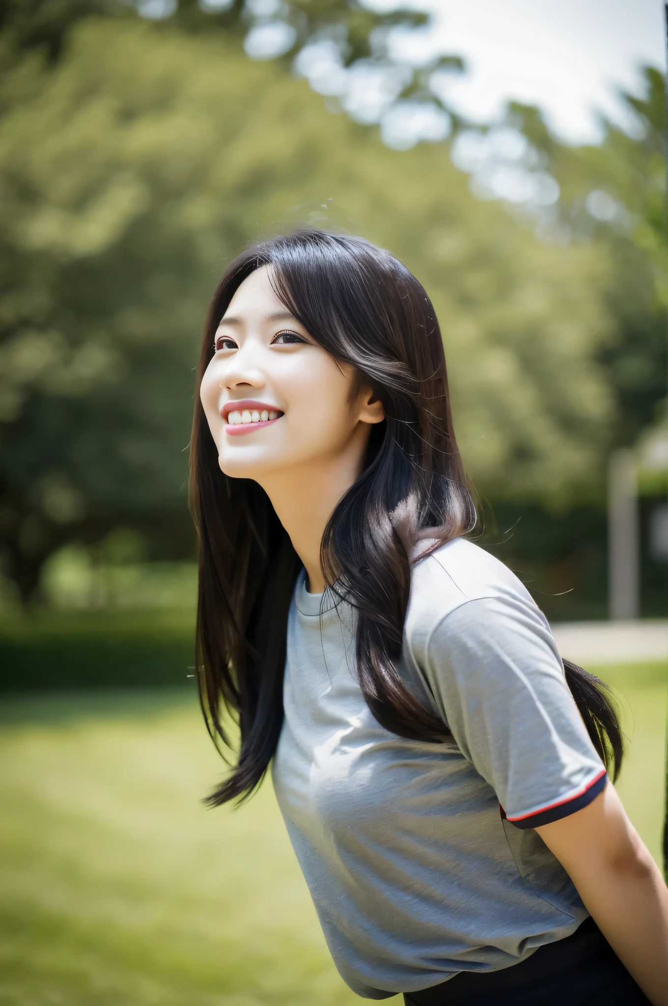 highest quality,masterpiece,32k,realistic,incredibly absurd,Depth of the bounds written、blur background、professional lighting,cinematic lighting,profile,slim and smooth lines,きれいなDay本人女性の写真,25 year old girl,Are standing,flower,Wind,Day,nice weather,long hair,black hair,T-shirt,cargo pants,smile,