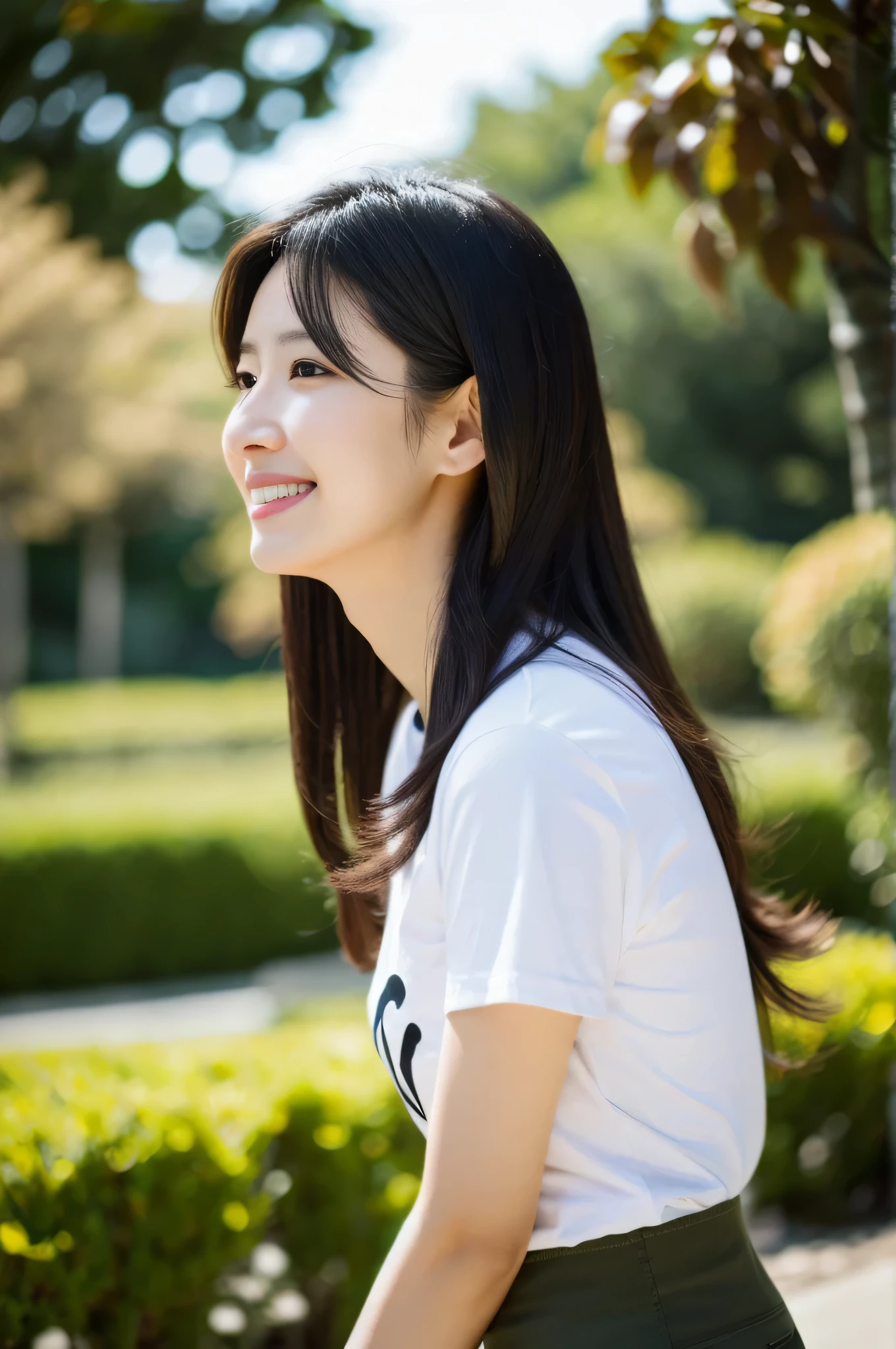 highest quality,masterpiece,32k,realistic,incredibly absurd,Depth of the bounds written、blur background、professional lighting,cinematic lighting,profile,slim and smooth lines,きれいなDay本人女性の写真,25 year old girl,Are standing,flower,Wind,Day,nice weather,long hair,black hair,T-shirt,cargo pants,smile,