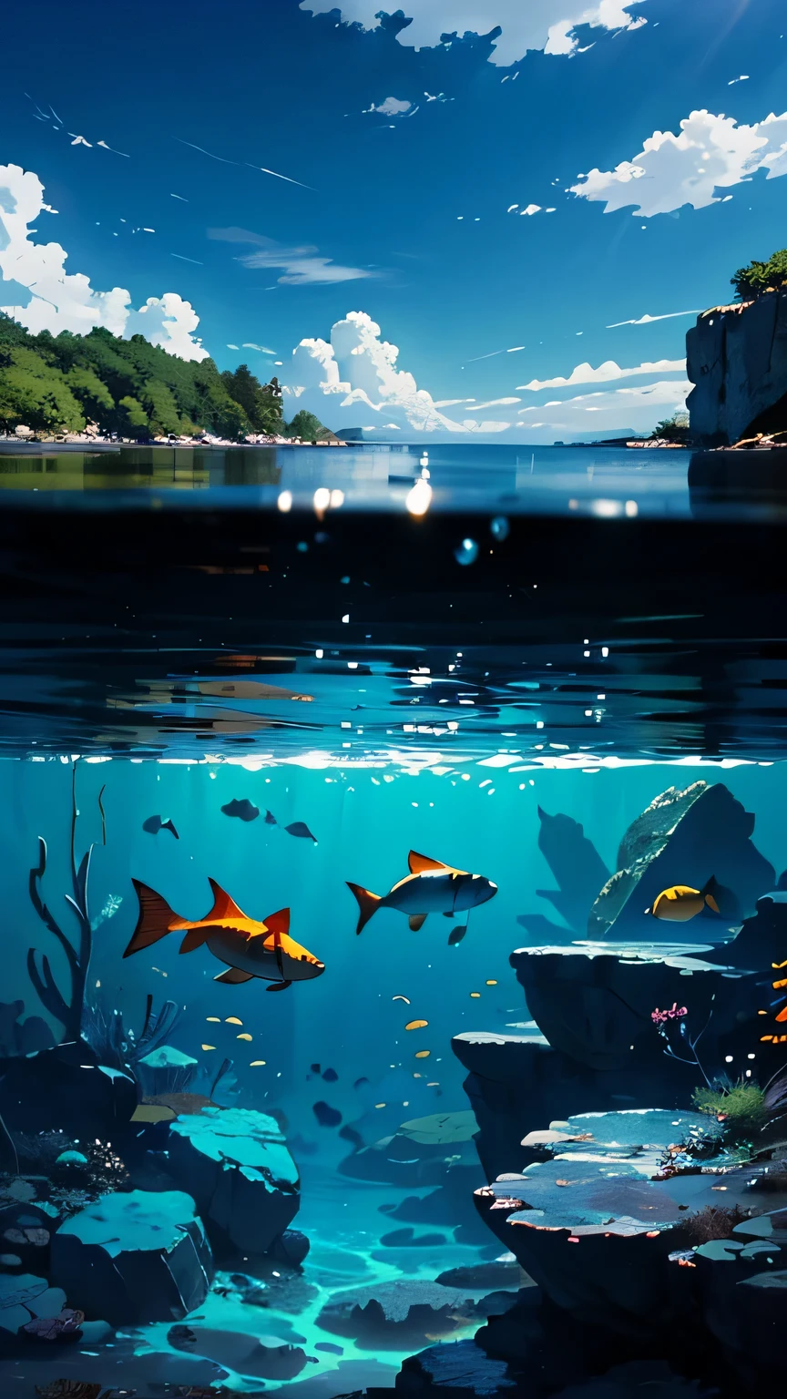 ((masterpiece anime)) high contrast, split underwater, landscape, lake, fish, plants, stone