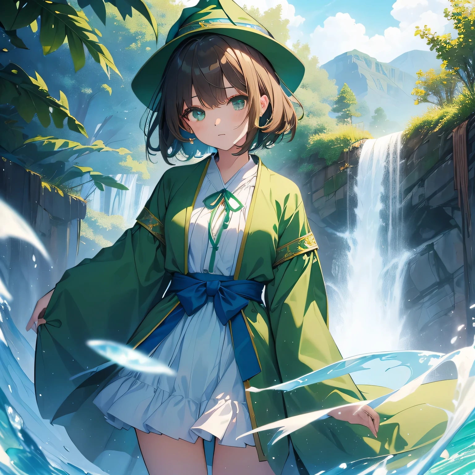 highest quality、very delicate and beautiful、(())、green eyes、Same goes for small breasts、short hair、Brown hair mixed in、short hair、(Green Wizard Hat)、(a large blue ribbon on the head)I、green clothes、long sleeve、Red brooch on the neck、((green clothesを着た青い魔法使いのローブ))、Standing