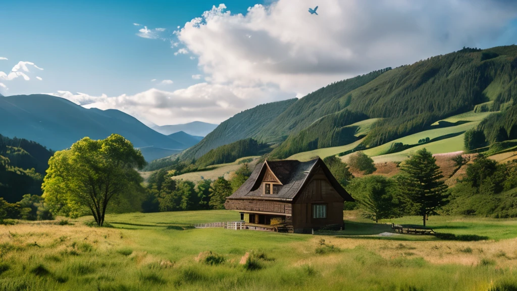 Create a landscape image in a similar style to the uploaded image. The scene includes a countryside setting with lush green fields, a variety of trees with full foliage, and a clear blue sky with a few fluffy clouds. In the distance, there are rolling hills or mountains shrouded slightly by a haze, giving a sense of depth. A quaint, cozy house with a wooden exterior and a shingled roof should be prominently featured in the foreground, surrounded by a rustic wooden fence. The atmosphere should be serene and inviting, typical of a warm, sunny day. The landscape should be detailed and vibrant, evoking a sense of peace and tranquility.