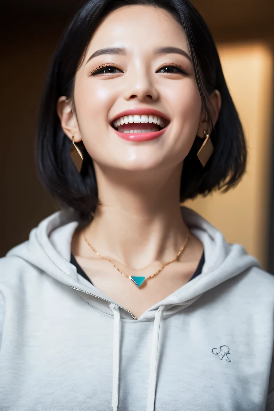 clear woman, cute, super detailed human face, 長いblack hair, fringe, highly detailed brown eyes, highly detailed teeth, white teeth, wearing a hoodie, city、 amazing details, Canon 5DM4, film stock photography, F1.6 lenses, realistic texture, unreal engine, photorealist,black hair、dark eyeliner、ear piercing、necklace around neck、beautiful teeth、Hairstyle Long
