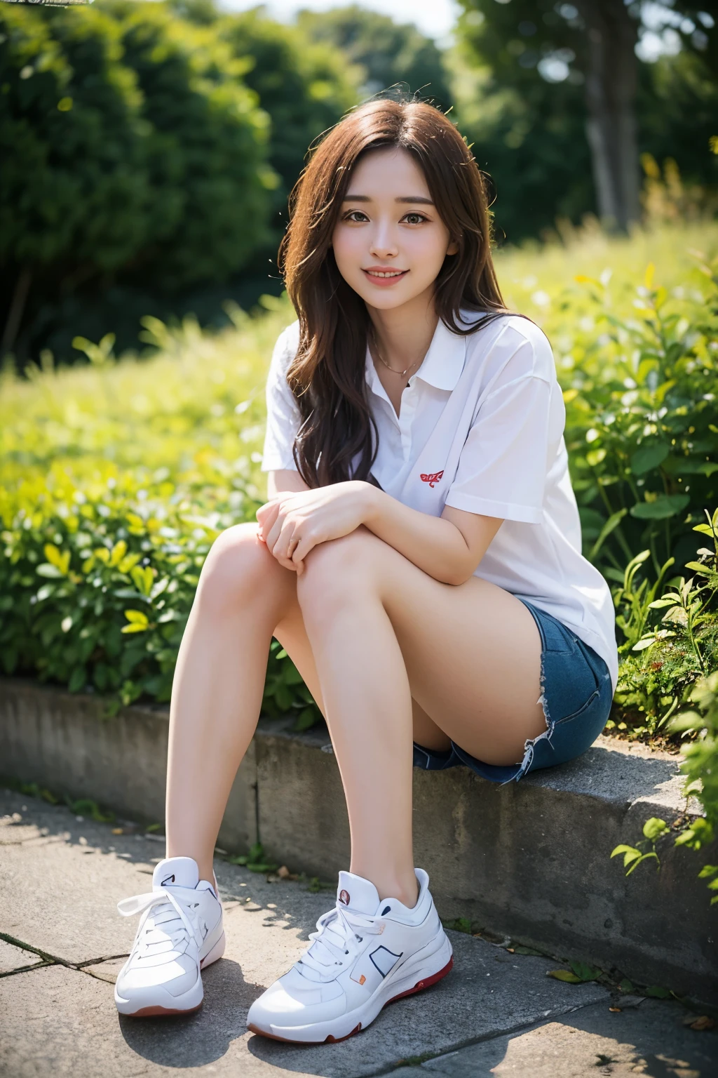 ((Mejor calidad)), ((obra maestra)), (detallado), cara perfecta ((Best quality)), ((masterpiece)), (detailed), perfect face In the photograph you can see a young brunette with dark hair, smiling, with bulging brown eyes and beautiful red lips. girl with princess appearance. Long wavy red hair. Wear red shorts and a white collared t-shirt, short socks, and blue shoes or sneakers. She is slim and has a beautiful figure, (((beautiful slim legs))). The photograph is taken in the garden, (((with yellow cinematic light at dusk))) the camera used is an X2D 100C with a 50mm Carl Zeiss Planar lens, photographing at f1.8.