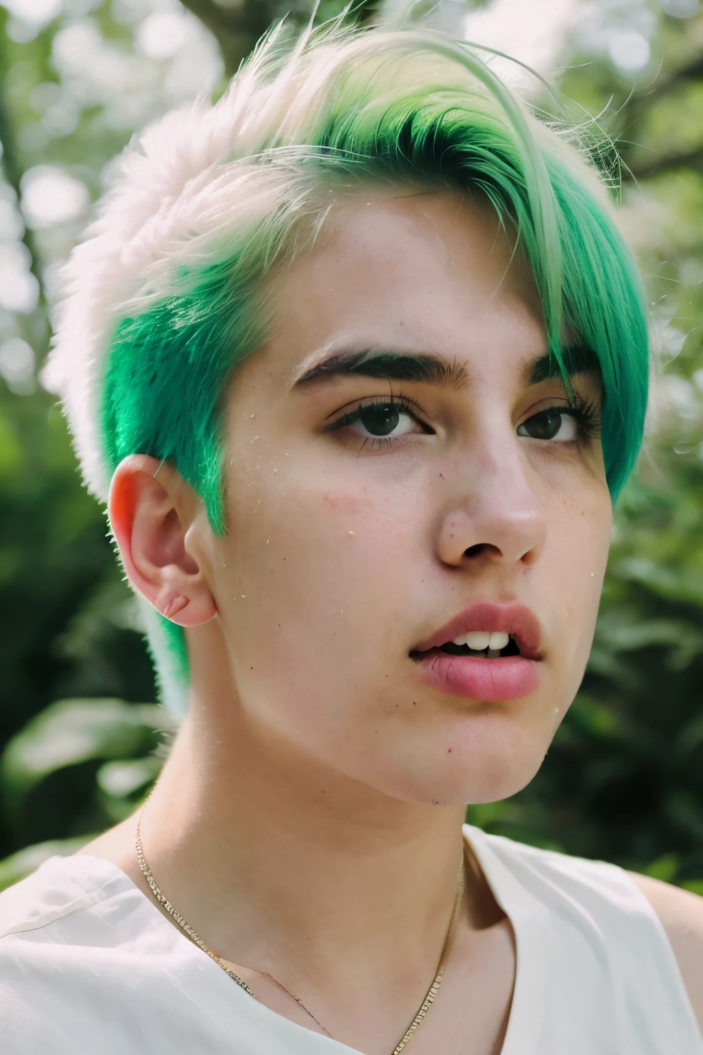 8K, highest quality,(Cool colors)(close up)(pure white panorama);An angry teenager threw his head up and shouted in the clearing。;Fluorescent green hair(Light and fluttering),Strong light hits the face from the side。