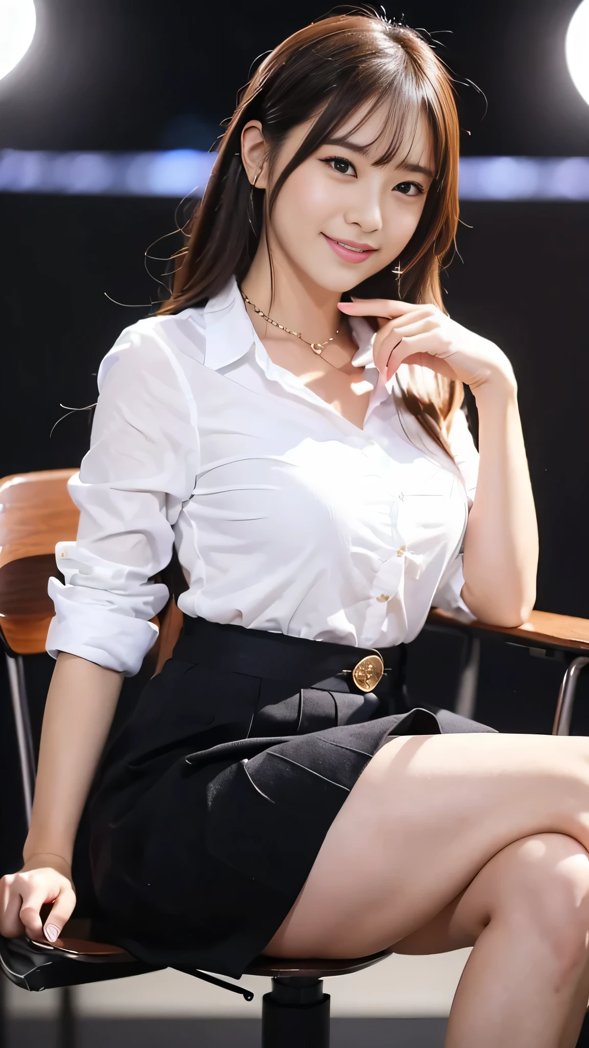 ((highest quality, 8K, masterpiece :1.3)), (Japanese cute newscaster), smile, (white shirt, black mini skirt), Beautiful and detailed TV studio, (Sitting on a chair in front of the table ,Documents on the table), clean and tidy, Live News Broadcast, (Very large monitor displaying charts on the wall), Highly detailed face and skin texture, (big breasts), necklace, Spotlight,