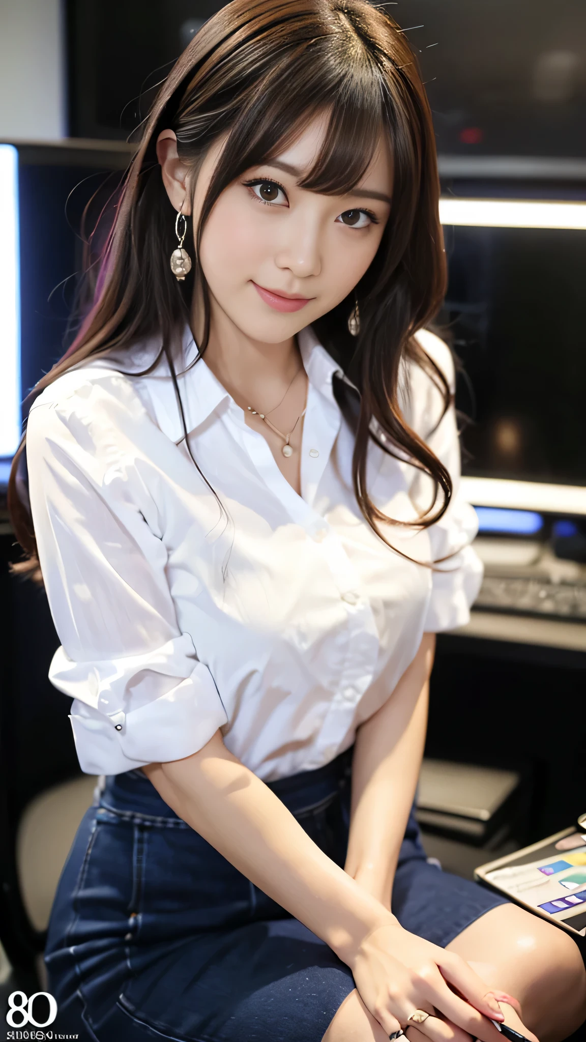 ((highest quality, 8K, masterpiece :1.3)), (Japanese cute newscaster), smile, (white shirt, black mini skirt), Beautiful and detailed TV studio, (Sitting on a chair in front of the table ,Documents on the table), clean and tidy, Live News Broadcast, (Very large monitor displaying charts on the wall), Highly detailed face and skin texture, (big breasts), necklace, Spotlight,