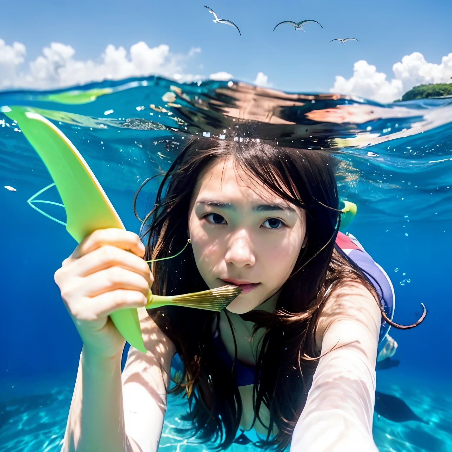 A woman with long permed hair is snorkeling in the sea、Catching fish with a harpoon , , sea background、Aiming at a sideways flounder with a harpoon、Photo of