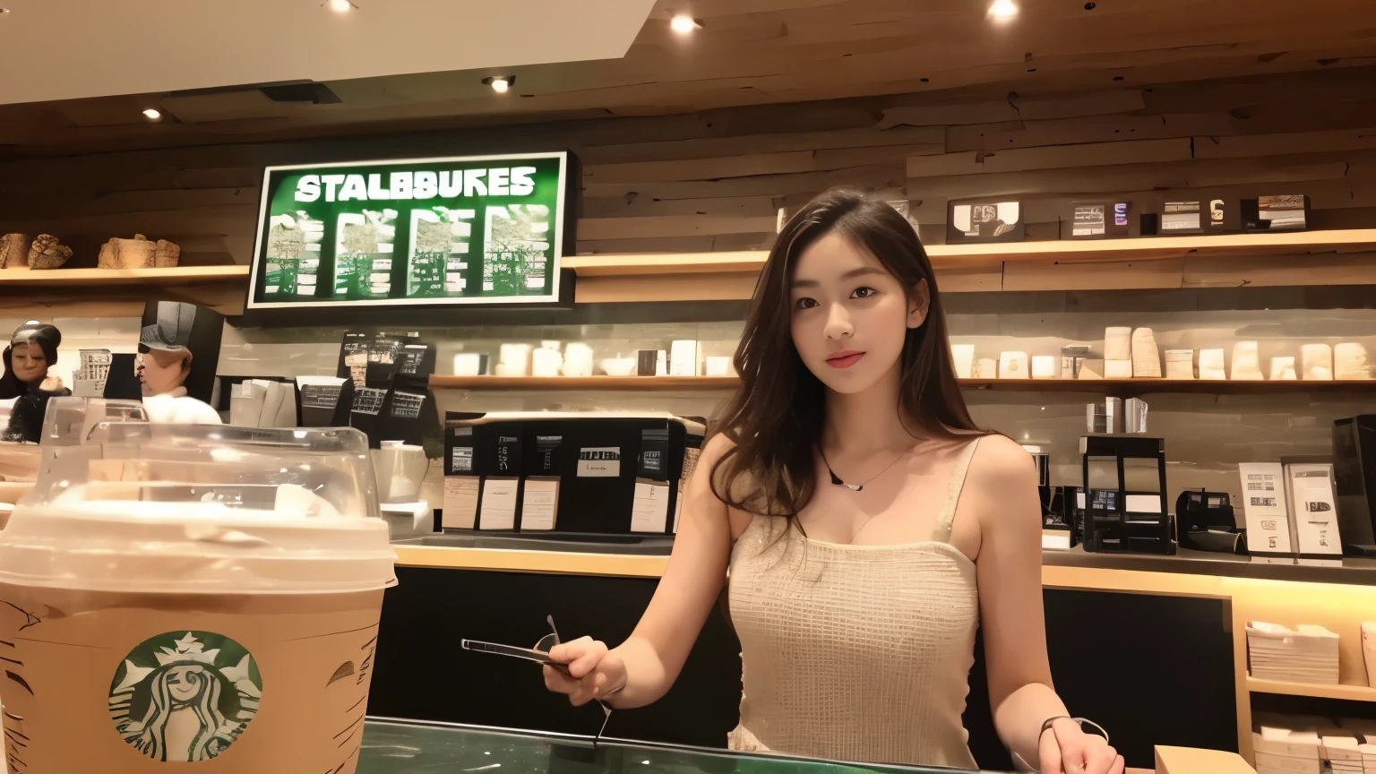 ((highest quality、8K、masterpiece:1.3))、sharp focus:1.2、beautiful woman with perfect body:1.4、(Inside the Starbucks store:1.2)、Highly detailed face and skin texture、 detailed eye、double eyelid、tanned skin、Sexy、tanned wheat-colored skin