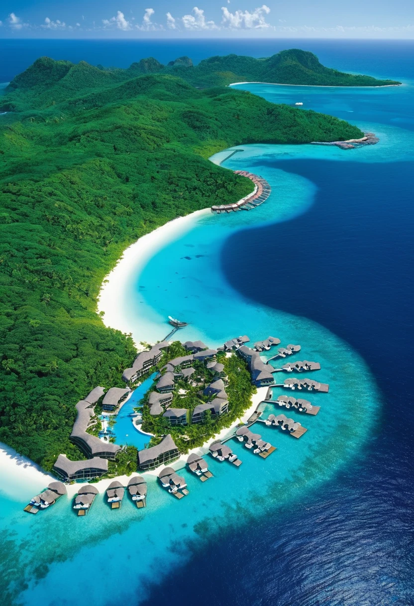 Offshore reclaimed cities, glamorous resorts, bright tropical sunshine, blue seas, paradise,
