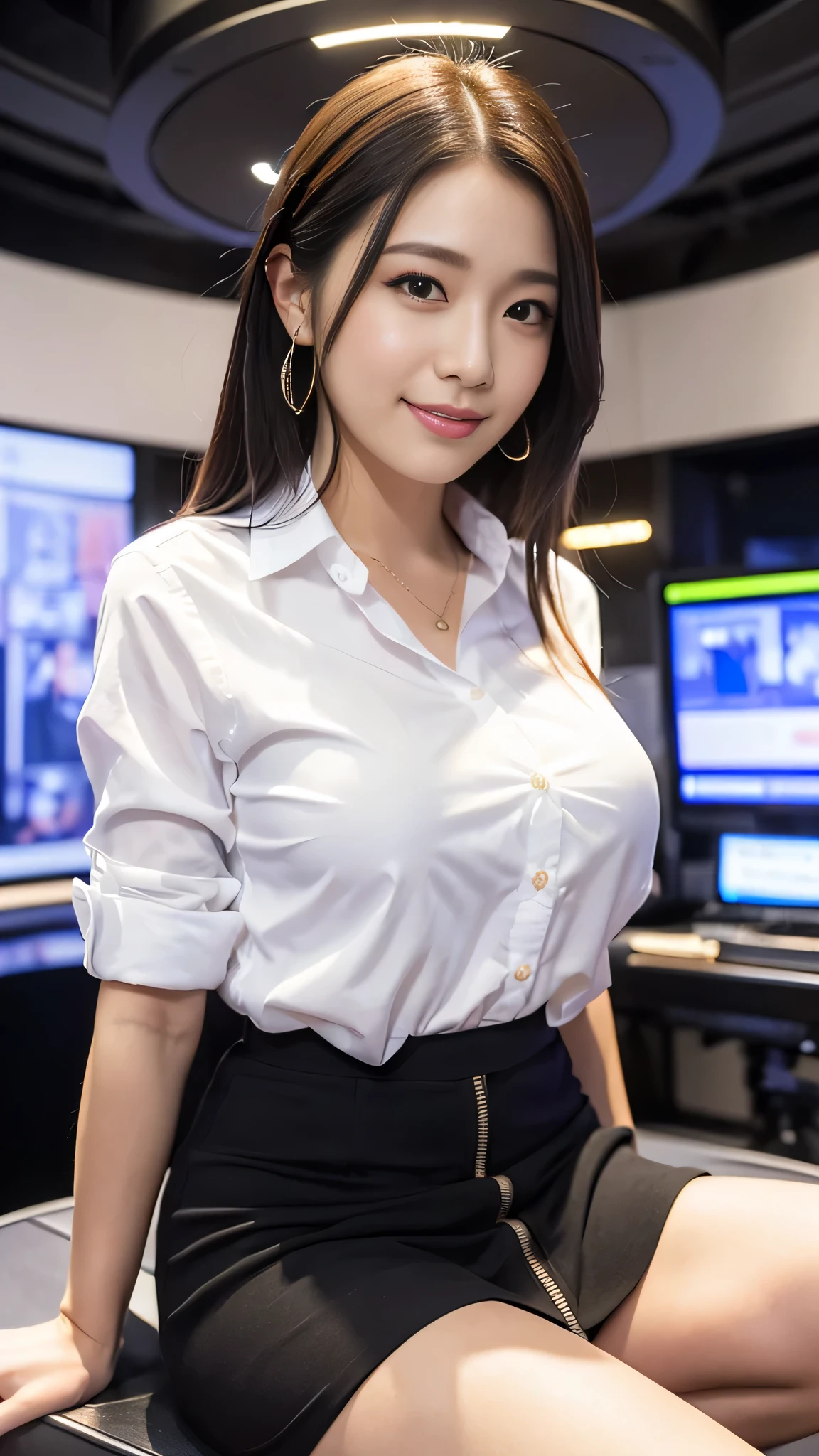 ((Best quality, 8k, Masterpiece :1.3)), (Japanese pretty newscaster), smile, (shirt, mini-skirt), beautiful detailed TV studio, (sitting on chair), neat, recording news program, (very large display showing charts), Highly detailed face and skin texture, (big breasts), necklace, spotlight,