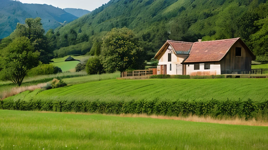 Create a landscape image in a similar style to the uploaded image. The scene includes a countryside setting with lush green fields, a variety of trees with full foliage, and a clear blue sky with a few fluffy clouds. In the distance, there are rolling hills or mountains shrouded slightly by a haze, giving a sense of depth. A quaint, cozy house with a wooden exterior and a shingled roof should be prominently featured in the foreground, surrounded by a rustic wooden fence. The atmosphere should be serene and inviting, typical of a warm, sunny day. The landscape should be detailed and vibrant, evoking a sense of peace and tranquility.