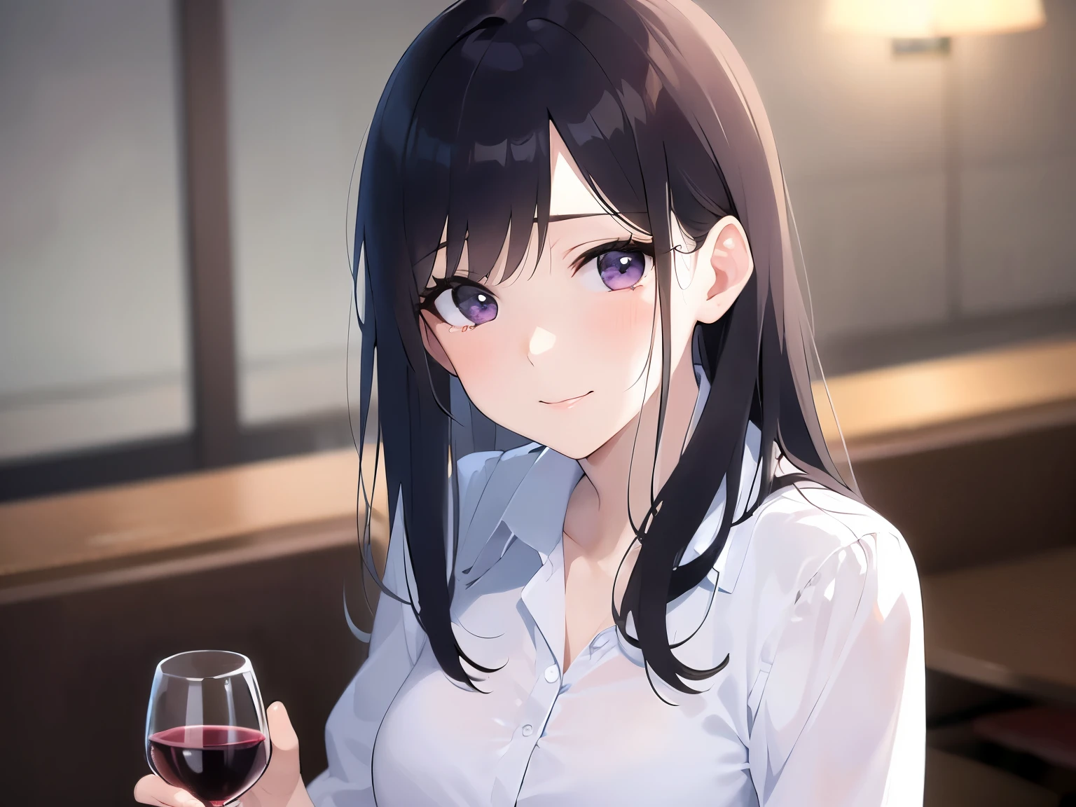 holding a wine glass, Realistic, real person, (pale skin: 1.2), RAW photo, photorealistic, portrait photography, shiny skin, japanese idol、shiny hair、(bangs) and (straight) and (medium hair)and (25 year old woman) and (black hair) and (purple eyes) , Office Lady、wearing a white shirt、(embarrassed:1.2), smile, tears, The background is a restaurant at night、Alone、sitting、wine glass、food on a plate