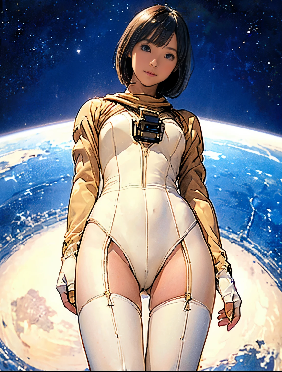 (masterpiece、best quality、Highest resolution、Clear_image、detailed details): (full body picture、15 year old girl、Japanese face、small face、thin、Navy blue super short bob、blue eyes、Blue and Black Shiny Aviator Suit、Armor that protects the chest、tight clothes、Clothes that cover the whole body、leggings、Very delicate and beautiful、hide thighs、hide your ass、Cute type、gentle smile、soft expression、earphone、knee high boots、Gloves come to elbow length、Shooting at eye level、face directly、woman on spaceship), (((camel toe))), ((Plain white tights))