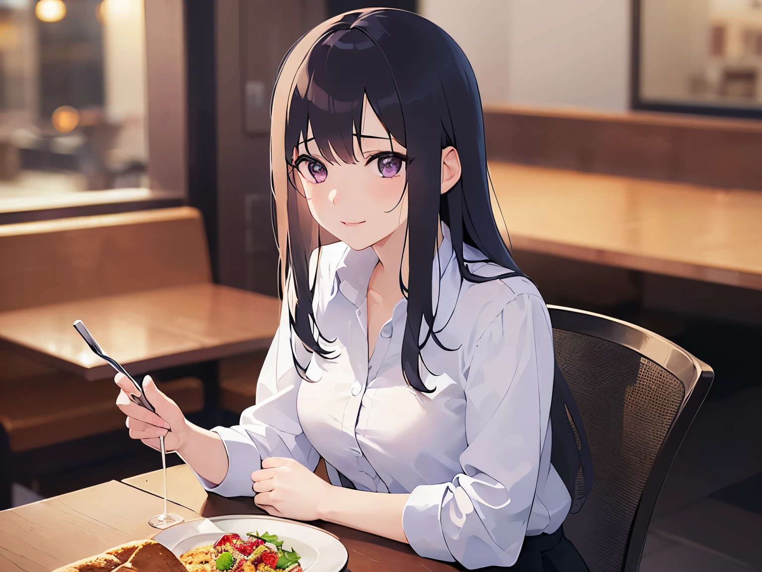 holding a wine glass, Realistic, real person, (pale skin: 1.2), RAW photo, photorealistic, portrait photography, shiny skin, japanese idol、shiny hair、(bangs) and (straight) and (medium hair)and (25 year old woman) and (black hair) and (purple eyes) , Office Lady、wearing a white shirt、(embarrassed:1.2), smile, tears, The background is a restaurant at night、Alone、sitting、wine glass、food on a plate