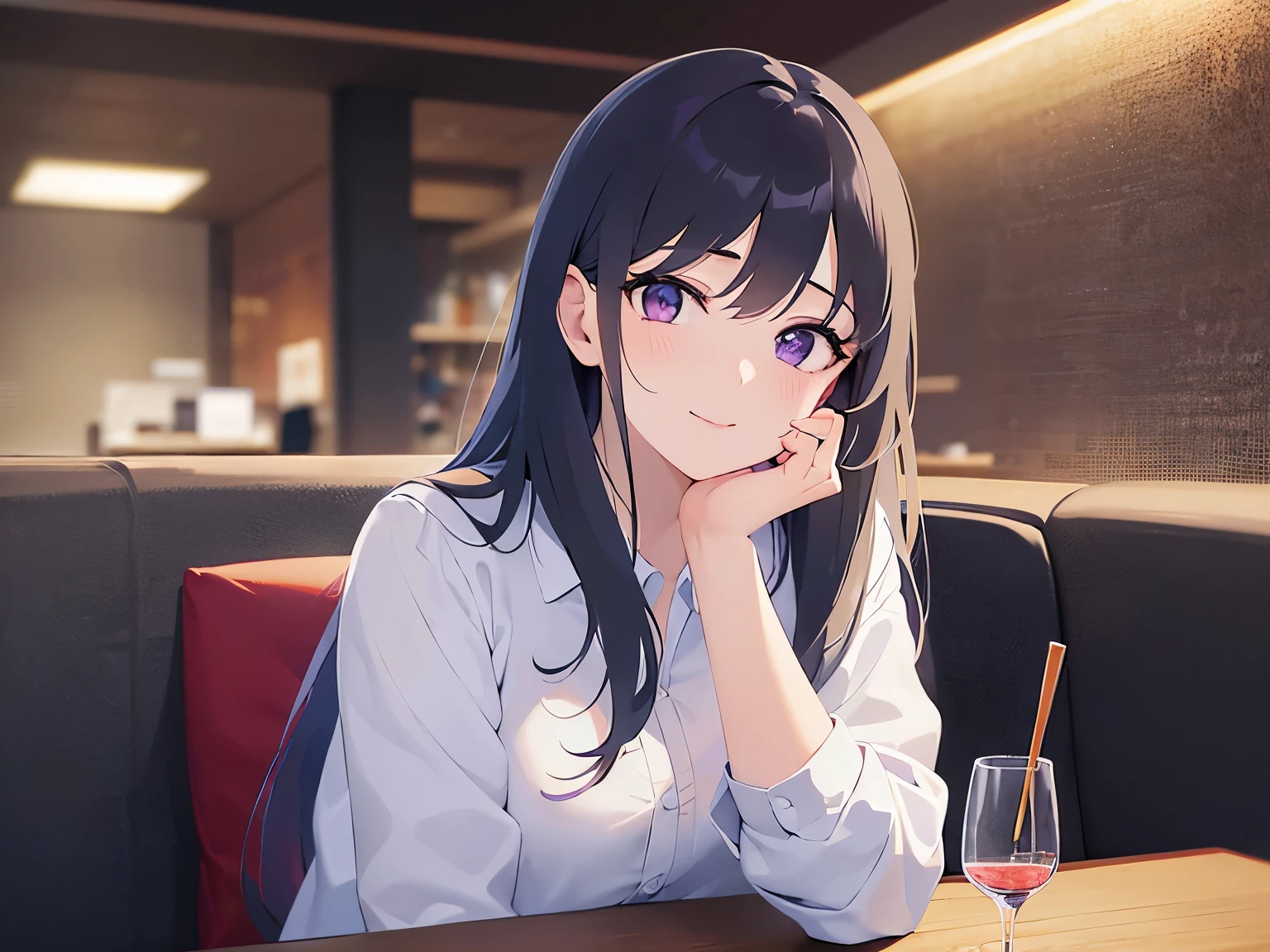 holding a wine glass, Realistic, real person, (pale skin: 1.2), RAW photo, photorealistic, portrait photography, shiny skin, japanese idol、shiny hair、(bangs) and (straight) and (medium hair)and (25 year old woman) and (black hair) and (purple eyes) , Office Lady、wearing a white shirt、(embarrassed:1.2), smile, tears, The background is a restaurant at night、Alone、sitting、wine glass、food on a plate