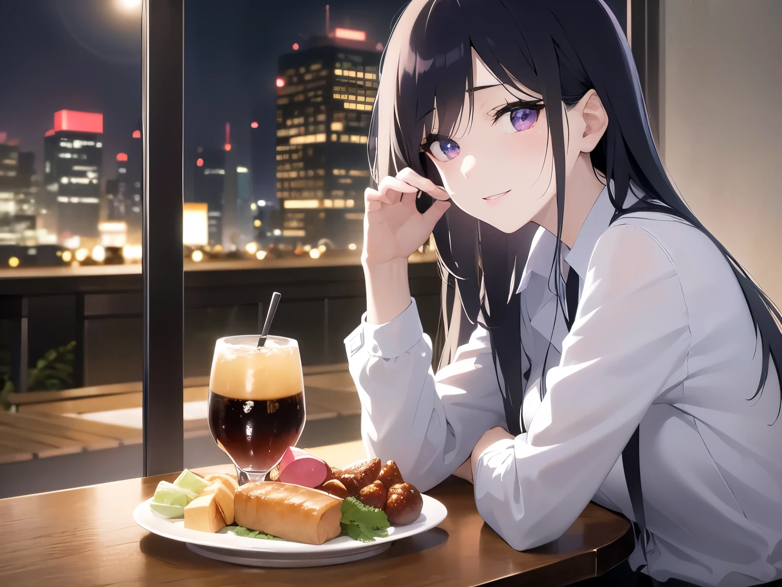 holding a wine glass, Realistic, real person, (pale skin: 1.2), RAW photo, photorealistic, portrait photography, shiny skin, japanese idol、shiny hair、(bangs) and (straight) and (medium hair)and (25 year old woman) and (black hair) and (purple eyes) , Office Lady、wearing a white shirt、(embarrassed:1.2), smile, tears, The background is a restaurant at night、Alone、sitting、wine glass、food on a plate