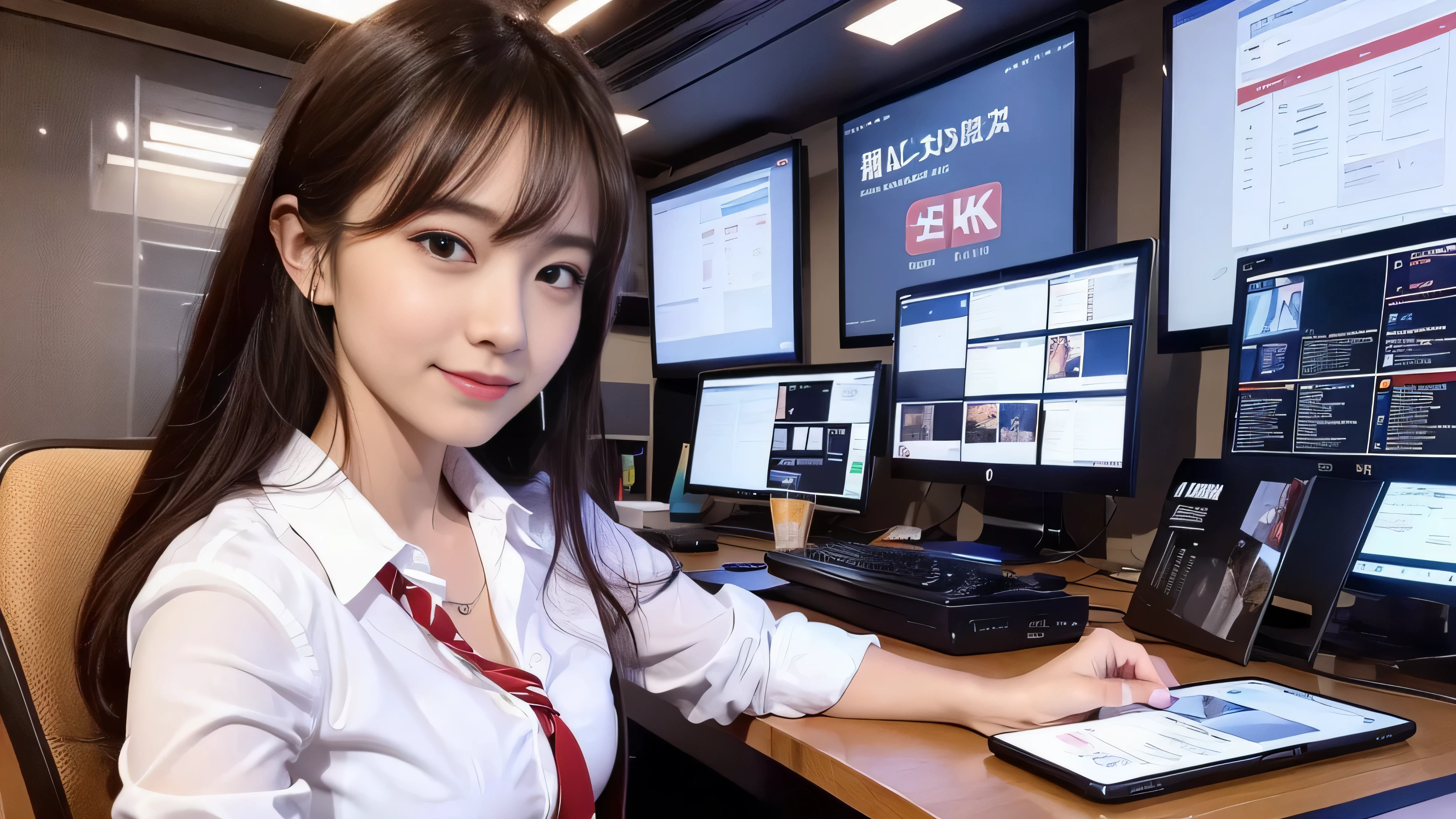 Highest quality, masterpiece, Realistic, High resolution, 8K RAW Photos, 1 Girl, Bobcut、Star-decorated headband、((Glamour body:1.3))、(Space printed blouse)、(Cheeky Pose)、(A room full of computers)、(Full of cables)、Typing on the keyboard、Cyberspace room、Cyan LED,Gamer