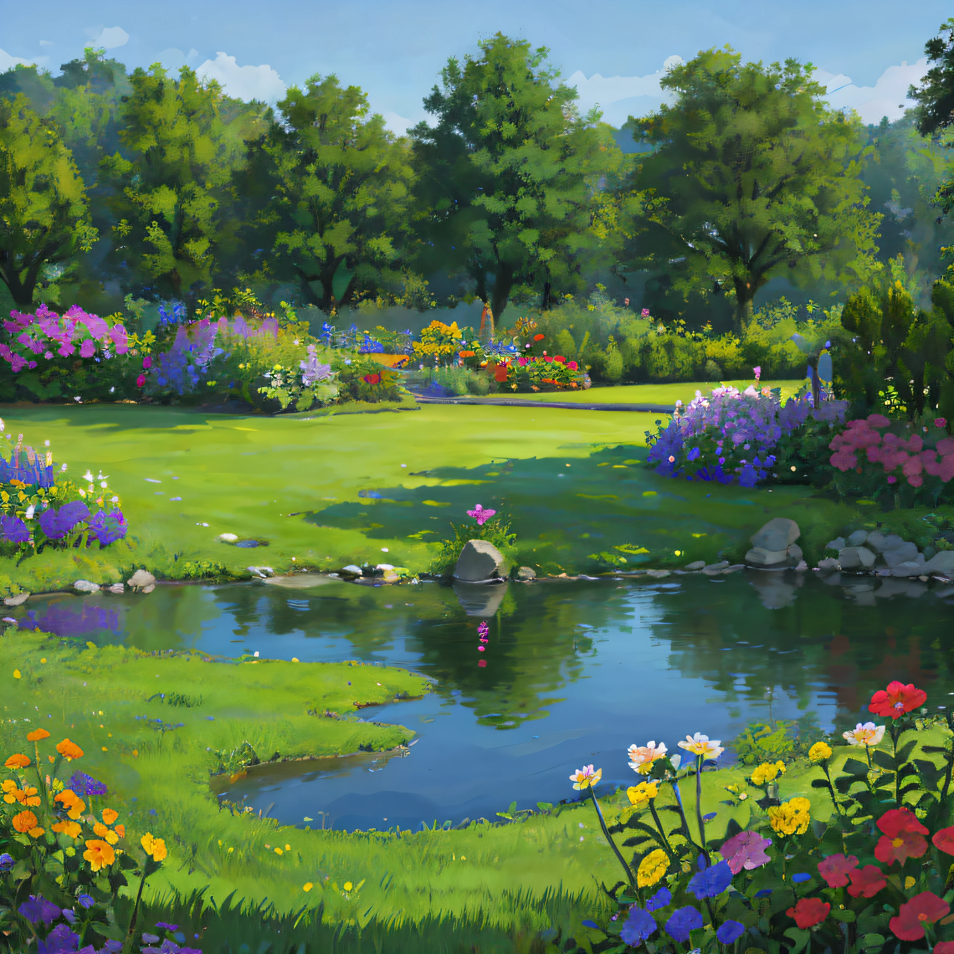 fleurs,jardin,lac