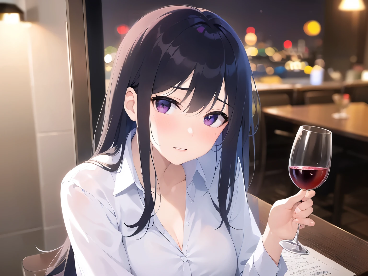 holding a wine glass, Realistic, real person, (pale skin: 1.2), RAW photo, photorealistic, portrait photography, shiny skin, japanese idol、shiny hair、(bangs) and (straight) and (medium hair)and (25 year old woman) and (black hair) and (purple eyes) , Office Lady、wearing a white shirt、(embarrassed:1.2), (blush:1.4), The background is a restaurant at night、Alone、sitting、wine glass、food on a plate