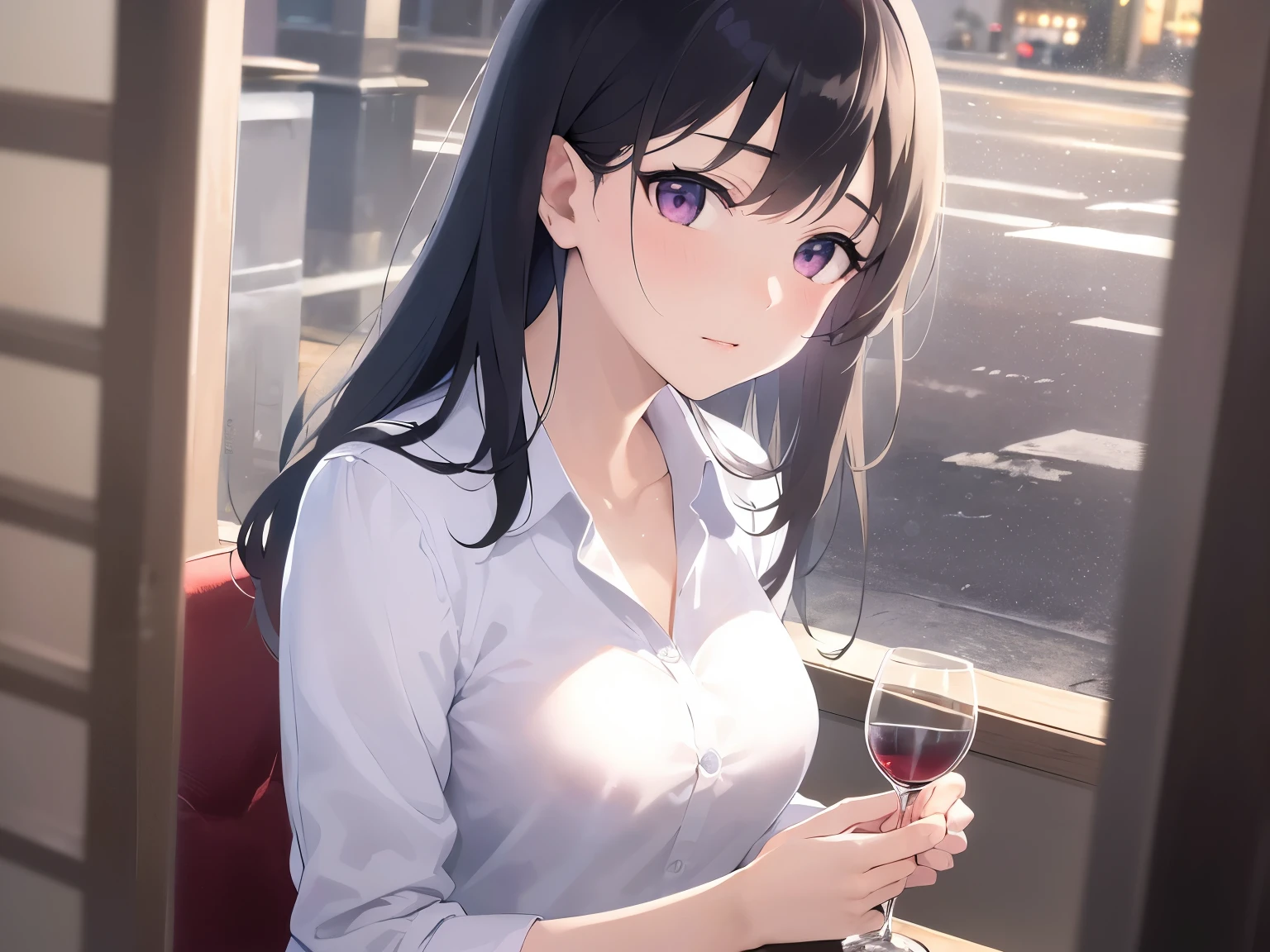 holding a wine glass, Realistic, real person, (pale skin: 1.2), RAW photo, photorealistic, portrait photography, shiny skin, japanese idol、shiny hair、(bangs) and (straight) and (medium hair)and (25 year old woman) and (black hair) and (purple eyes) , Office Lady、wearing a white shirt、(embarrassed:1.2), (blush:1.4), The background is a restaurant at night、Alone、sitting、wine glass、food on a plate