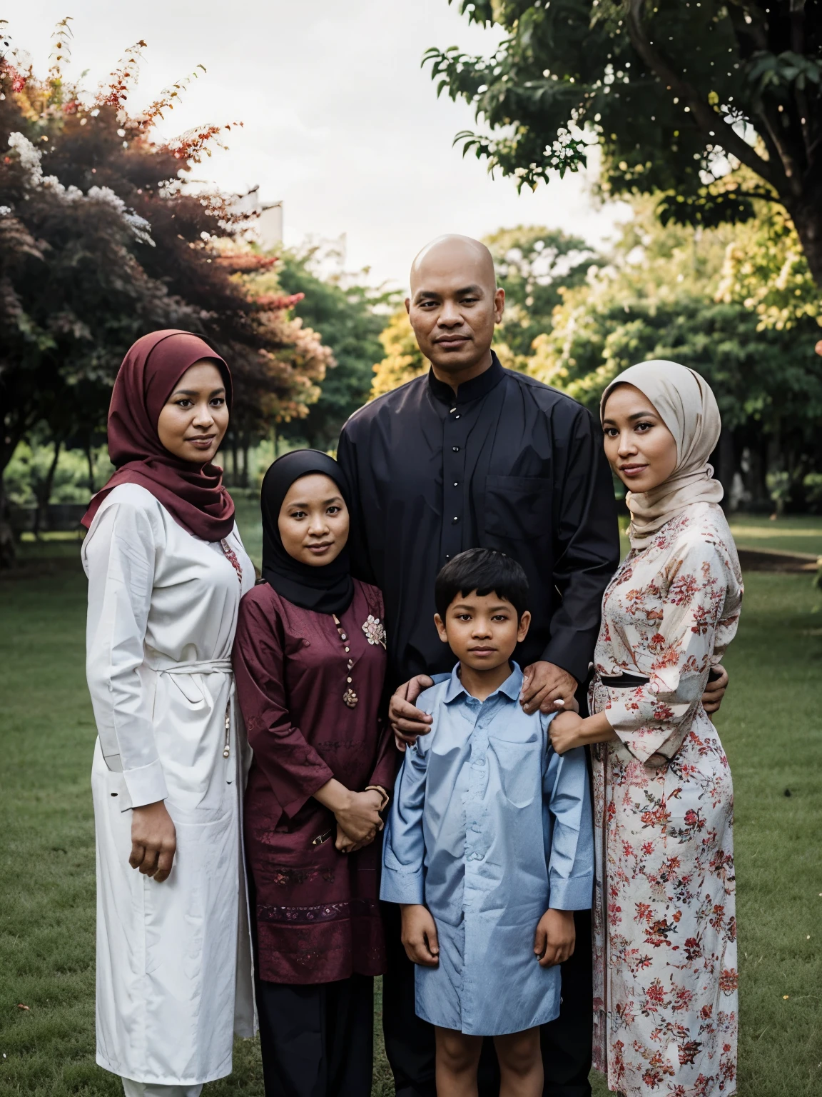 A realistic family photo of an Indonesian family wearing batik. The family consists of a bald husband aged 56, a wife aged 45 wearing a hijab, a man aged 33, another man aged 28, and a young woman aged 18 also wearing a hijab. The background is a beautiful flower park with high resolution HD quality.