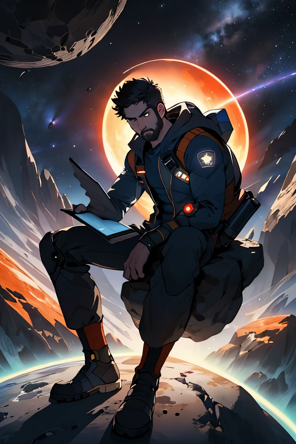 Draw a young programmer, sitting on a research platform floating in the middle of an asteroid belt. He is studying with a notebook, surrounded by several asteroids glowing with fiery auras. Dramatic lighting from distant stars and planets illuminates the scene, casting deep shadows on the suit. The young man looks confident and determined, looking at the vast and mysterious universe with wonder and respect,facial hair, cowboy shot,